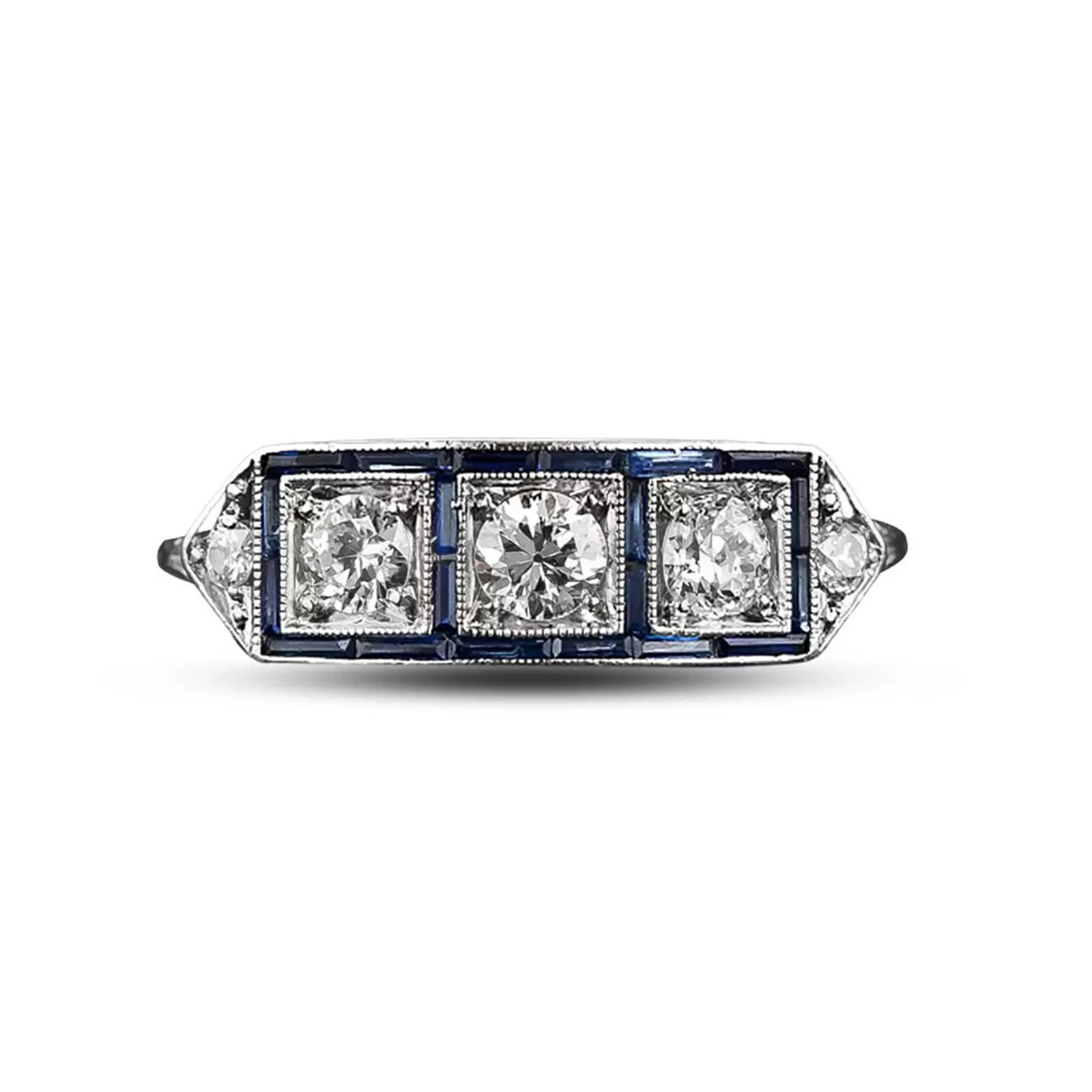 1.20CTW White Round Cut Simulated Diamond Three Stone Art Deco 925 Silver Ring
