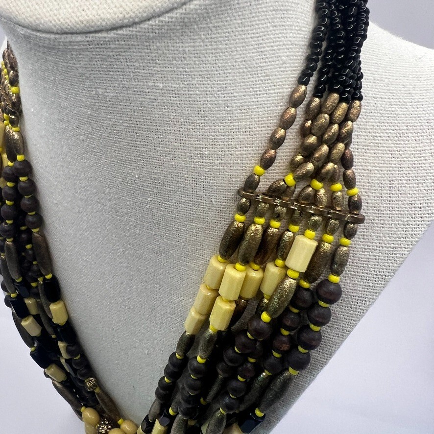 Vintage Boho Multi-Strand Necklace Yellow Black Natural Wood Seed Beads Earthy