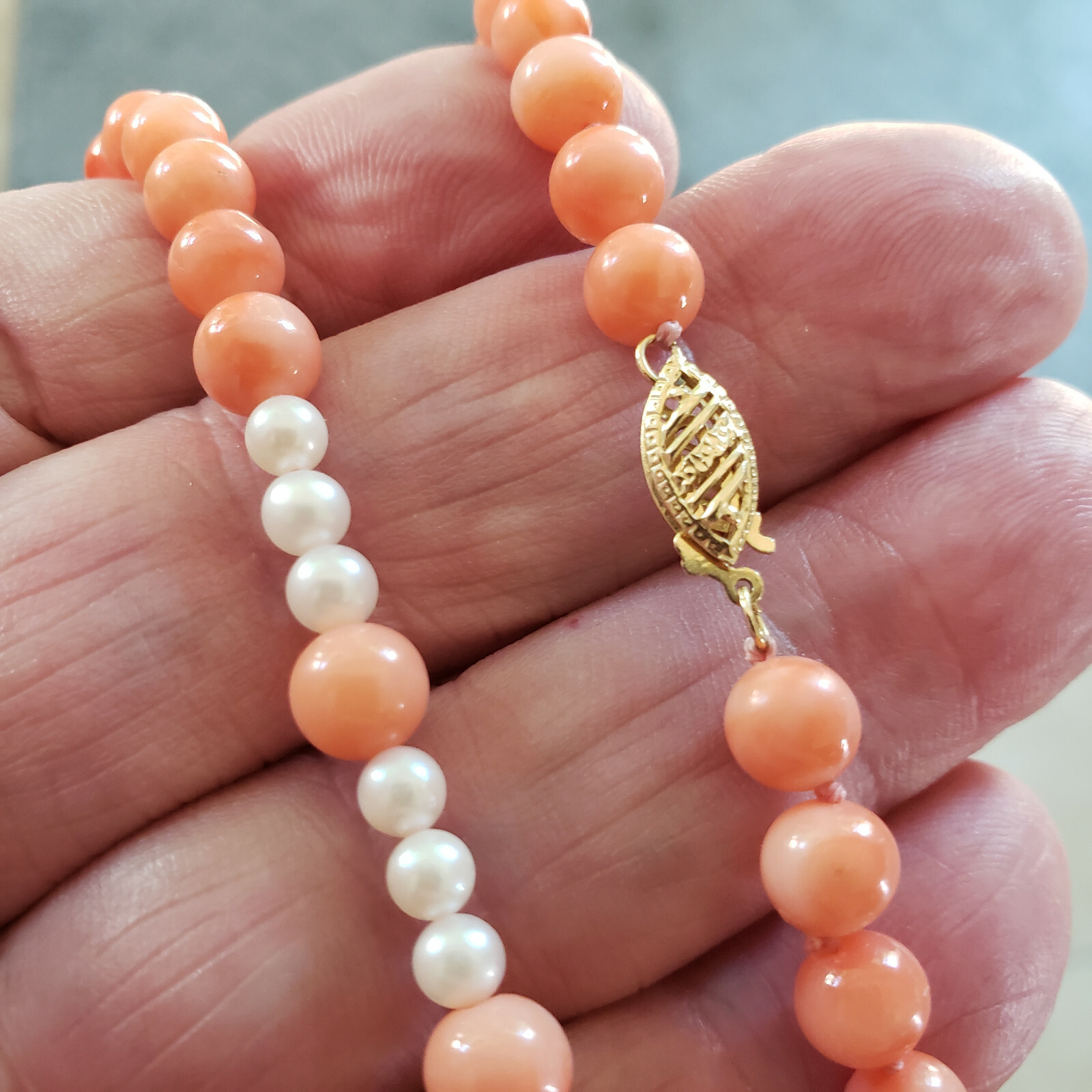 Pink Angel Skin Coral Necklace 14k Yellow Gold Clasp & Pearls 16.5in [6770]