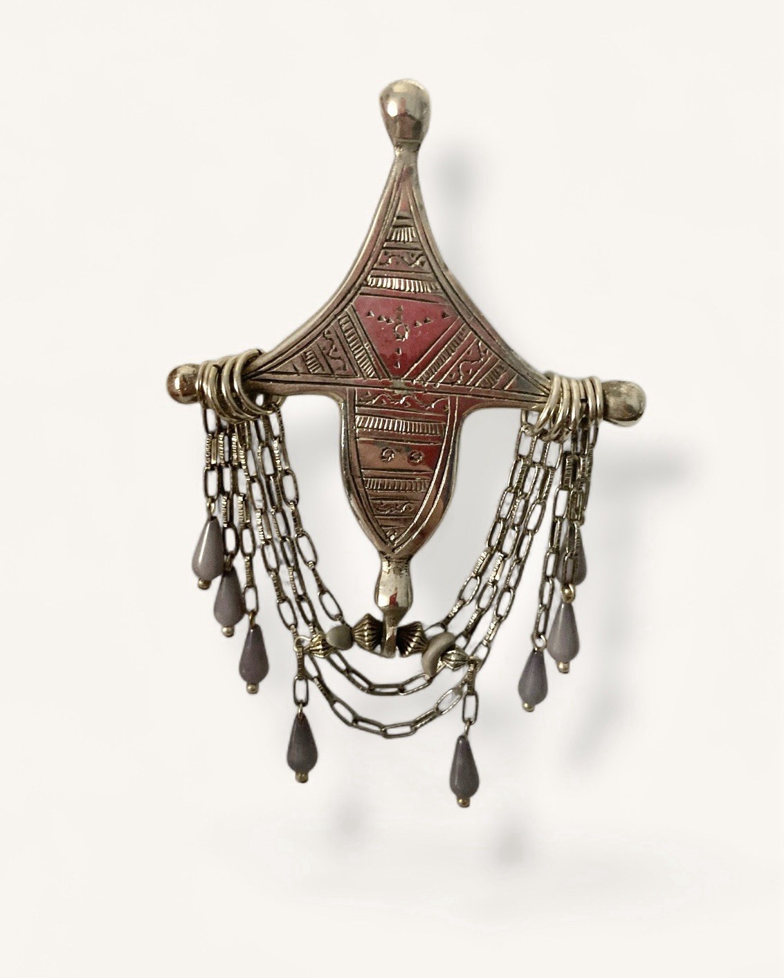 Tuareg Brooch Etched Morocco Silver Tone Lavender Teardrop Stones Swag Chains 5”