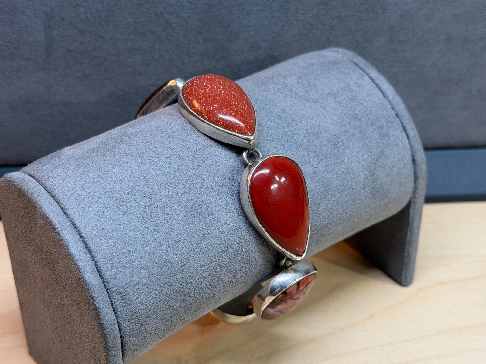 Vintage LOS CASTILLO Mexico Sterling Silver Red & Poppy Jasper Cabochon Bracelet