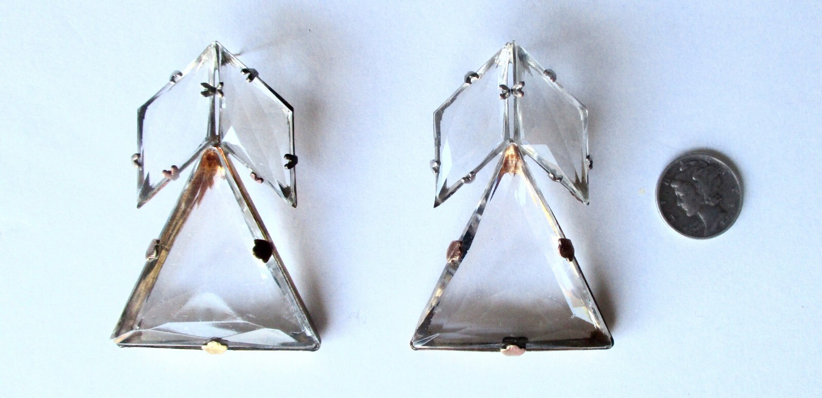 Pair of Antique Art-Deco Large Clear Faceted Crystal Earrings