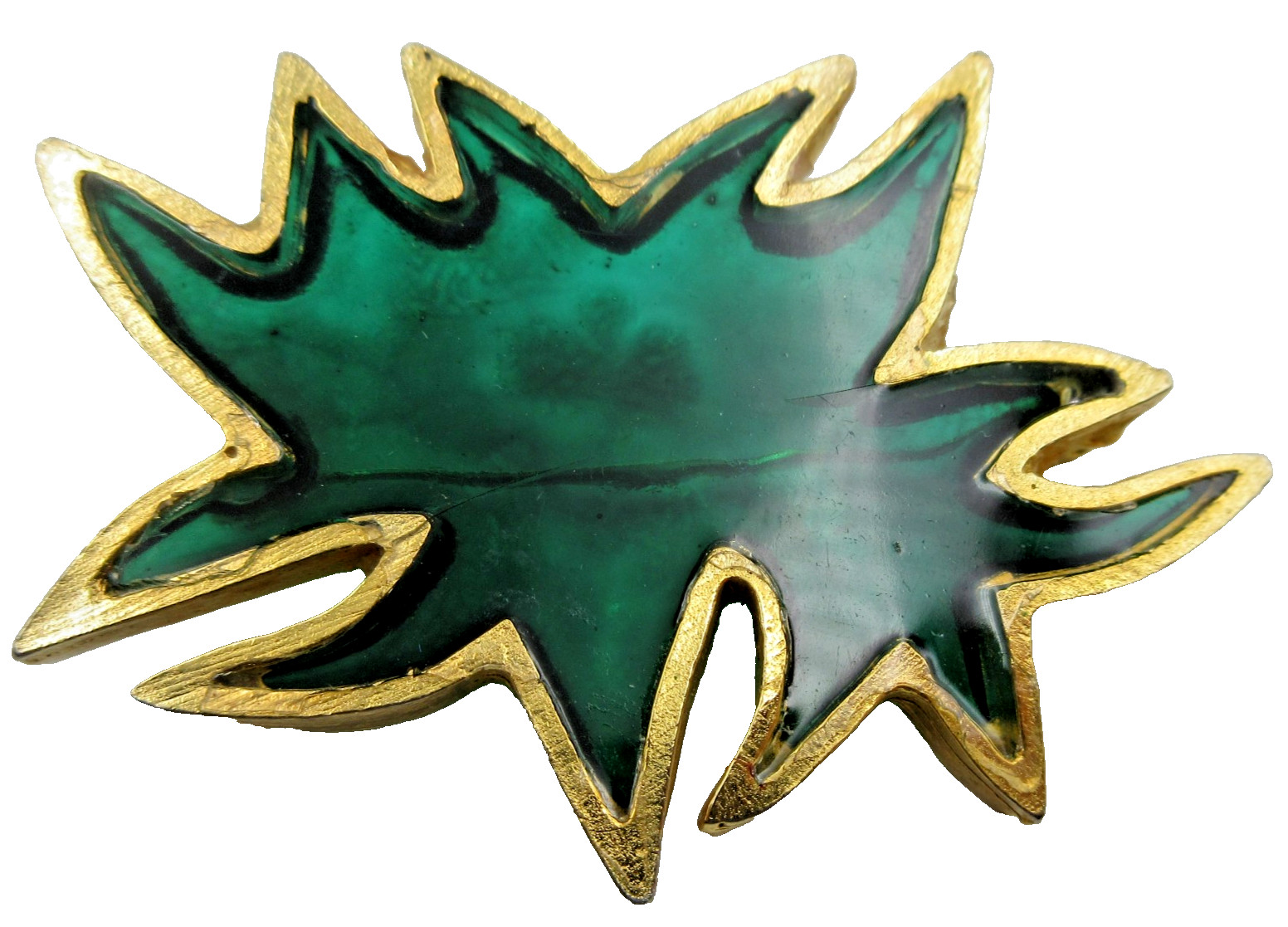 VTG 2 3/8″ GREEN GLASS LEAF THICK Brooch Pin gold tone Fashion Costume jewelry