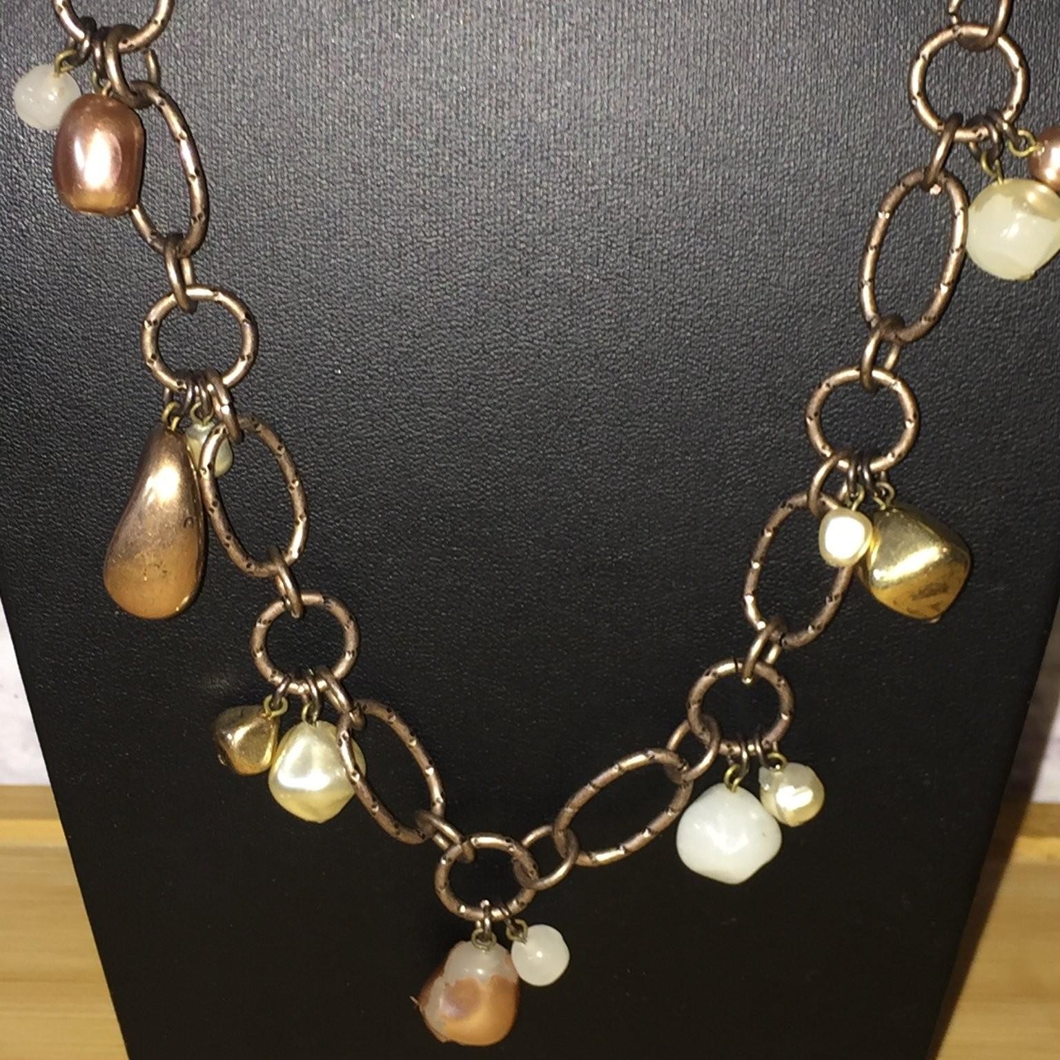 Chico’s Station Charm Necklace Bronze Tone Acrylic Beaded Long Statement