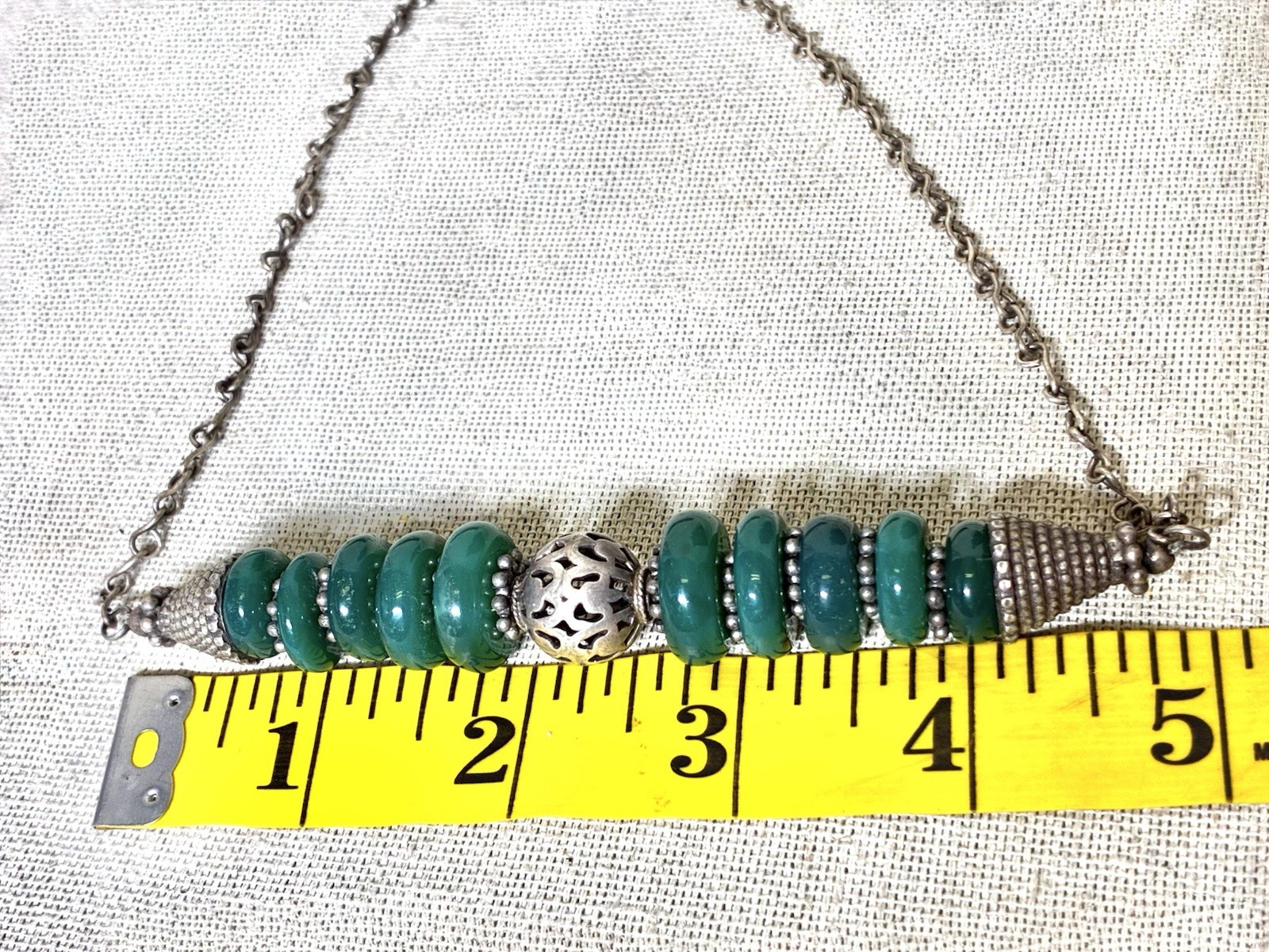 Vintage Moroccan Berber Style Sterling Silver Green Agate Bead Necklace 52g