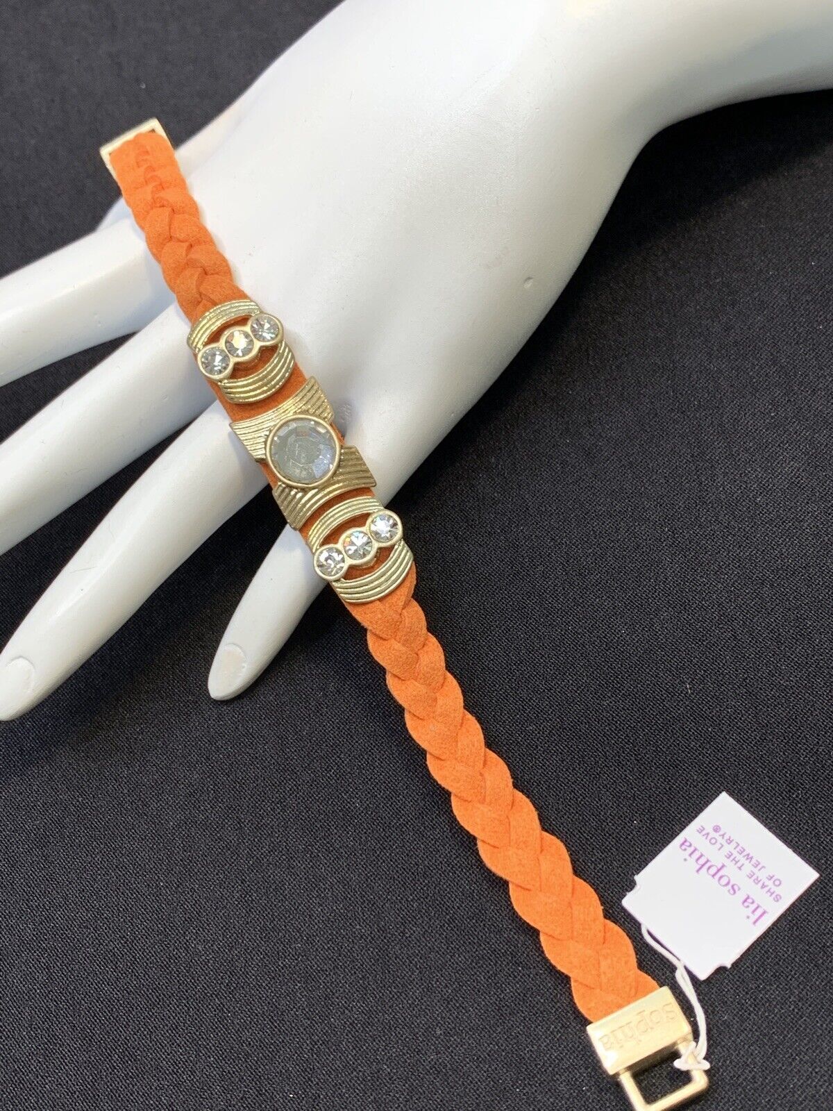 Lia Sophia New W/ Tags Orange Boho Leather Glass Rhinestone Bracelet 7 3/4”