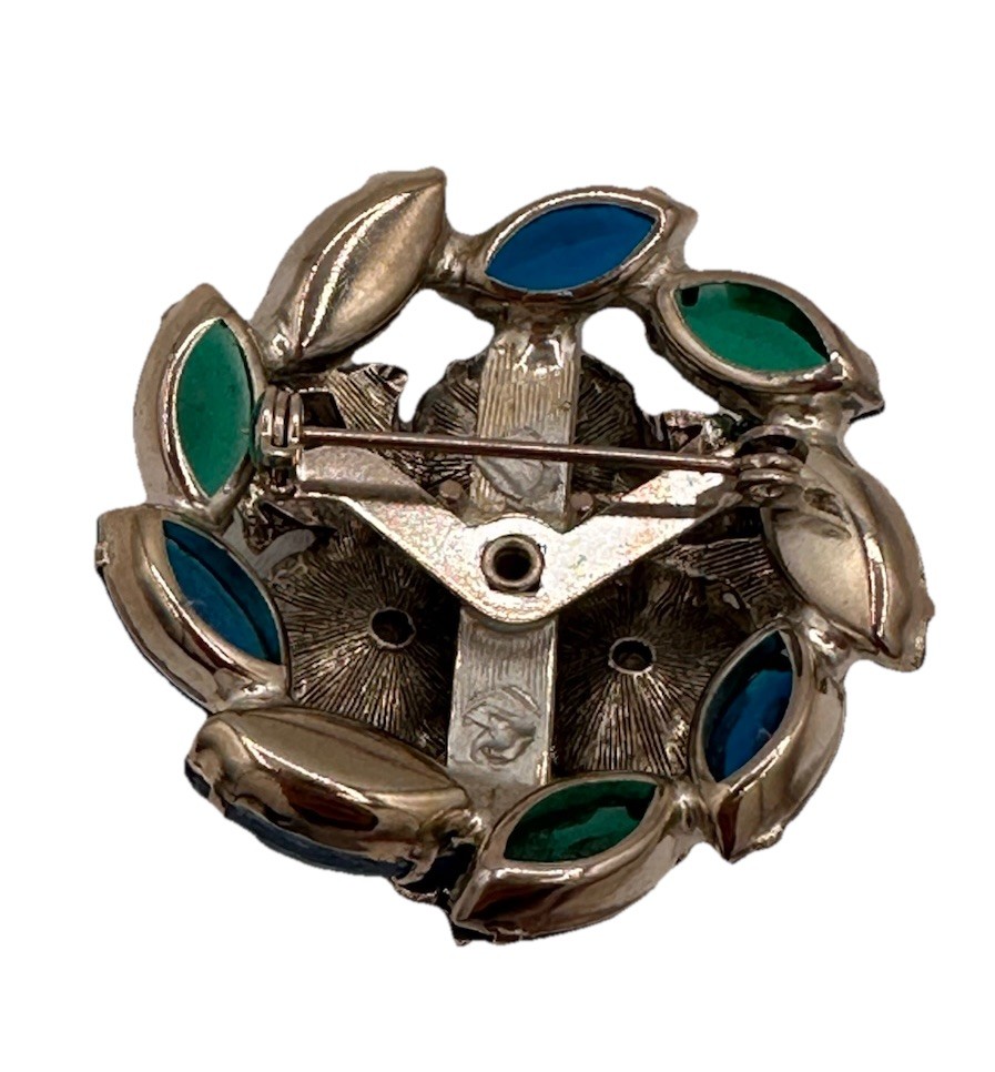 Vintage Unsigned MCM Silver Tone Blue and Green AB Rhinestone Brooch READ