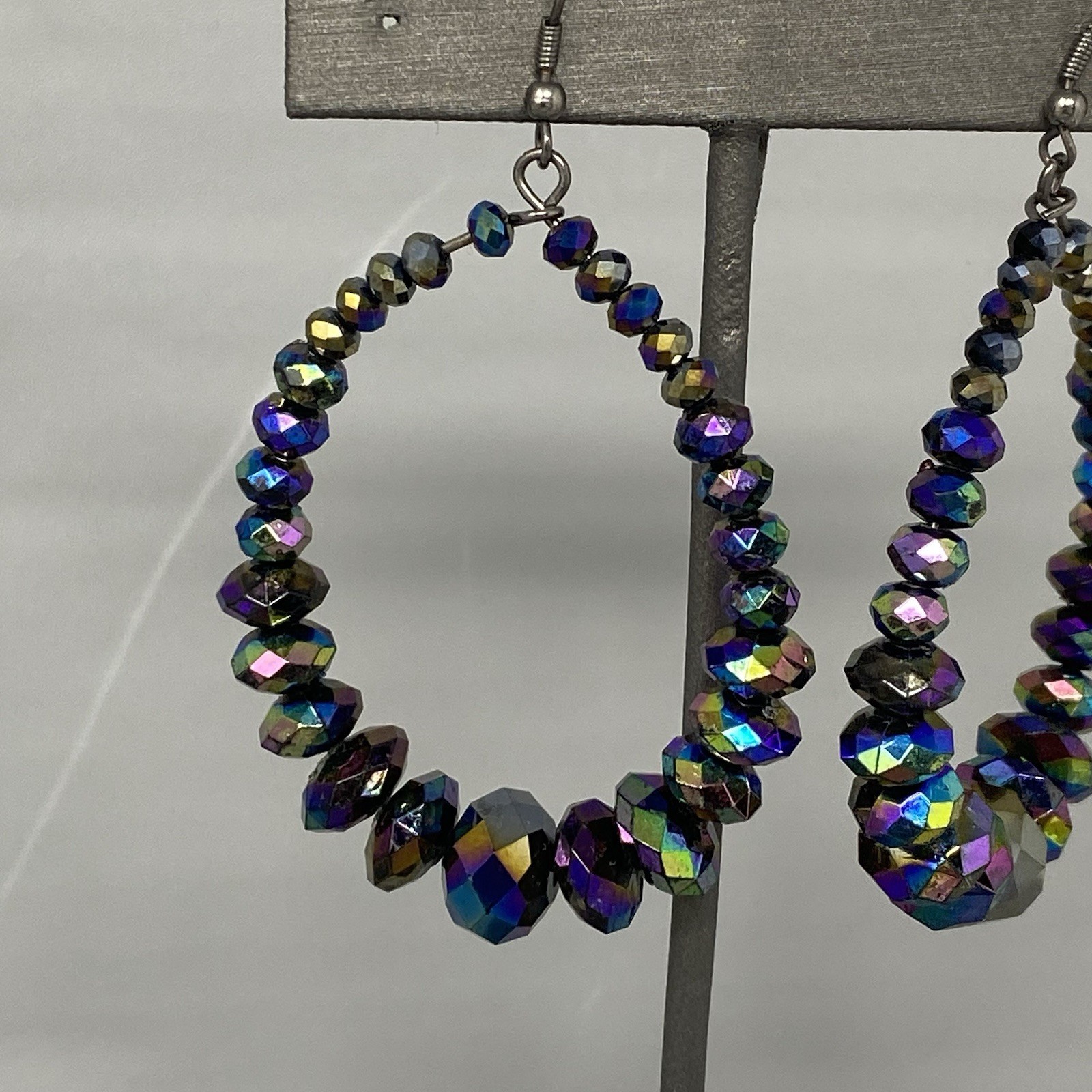 Aurora Borealis Pierced Earrings Dangle Drop Hoop Iridescent Glass Beads 3″