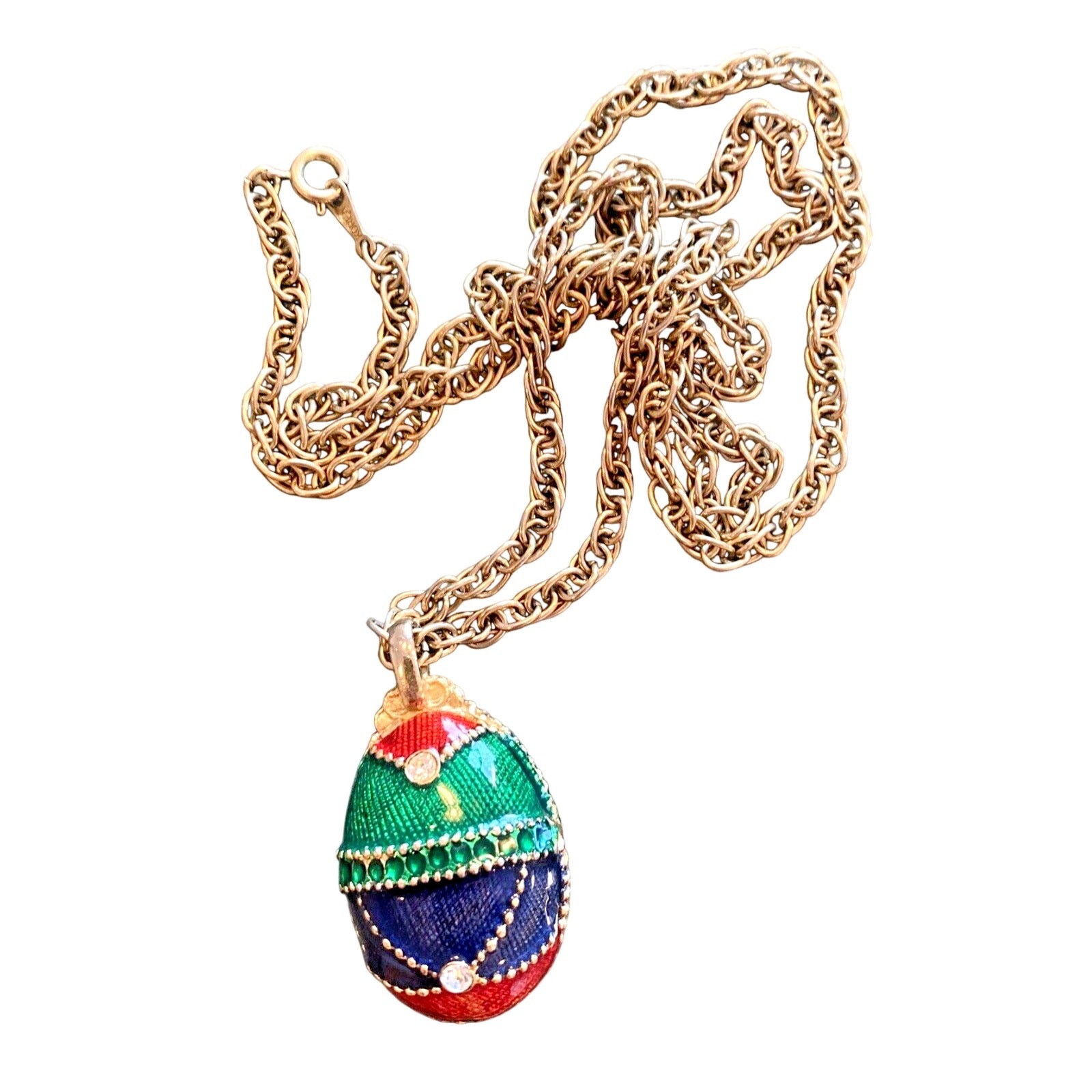 Vintage Chain Necklace Egg Shaped Pendant Unique Gold & Colored Enamel Finish