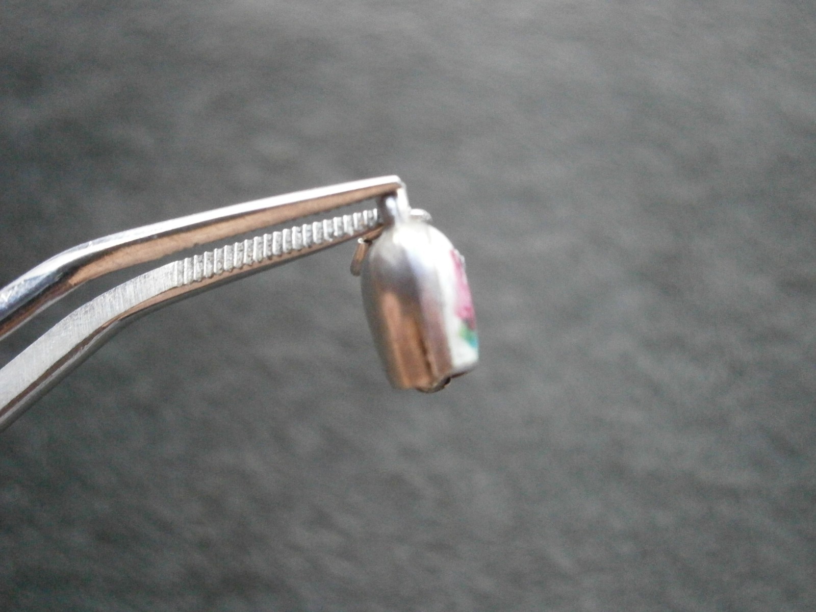 TINY Rose Flowers Cow Bell Vintage 800 Silver Guilloche Enamel Charm Pendant