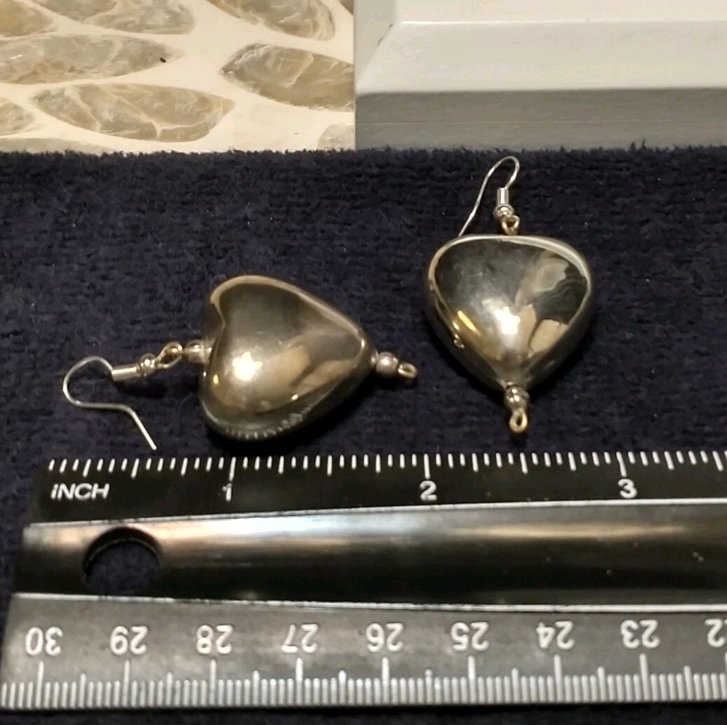 VTG Earrings 80’s ART DECO/BOHO Classic 3D Big PUFFY HEARTS Chunky DANGLE Drop