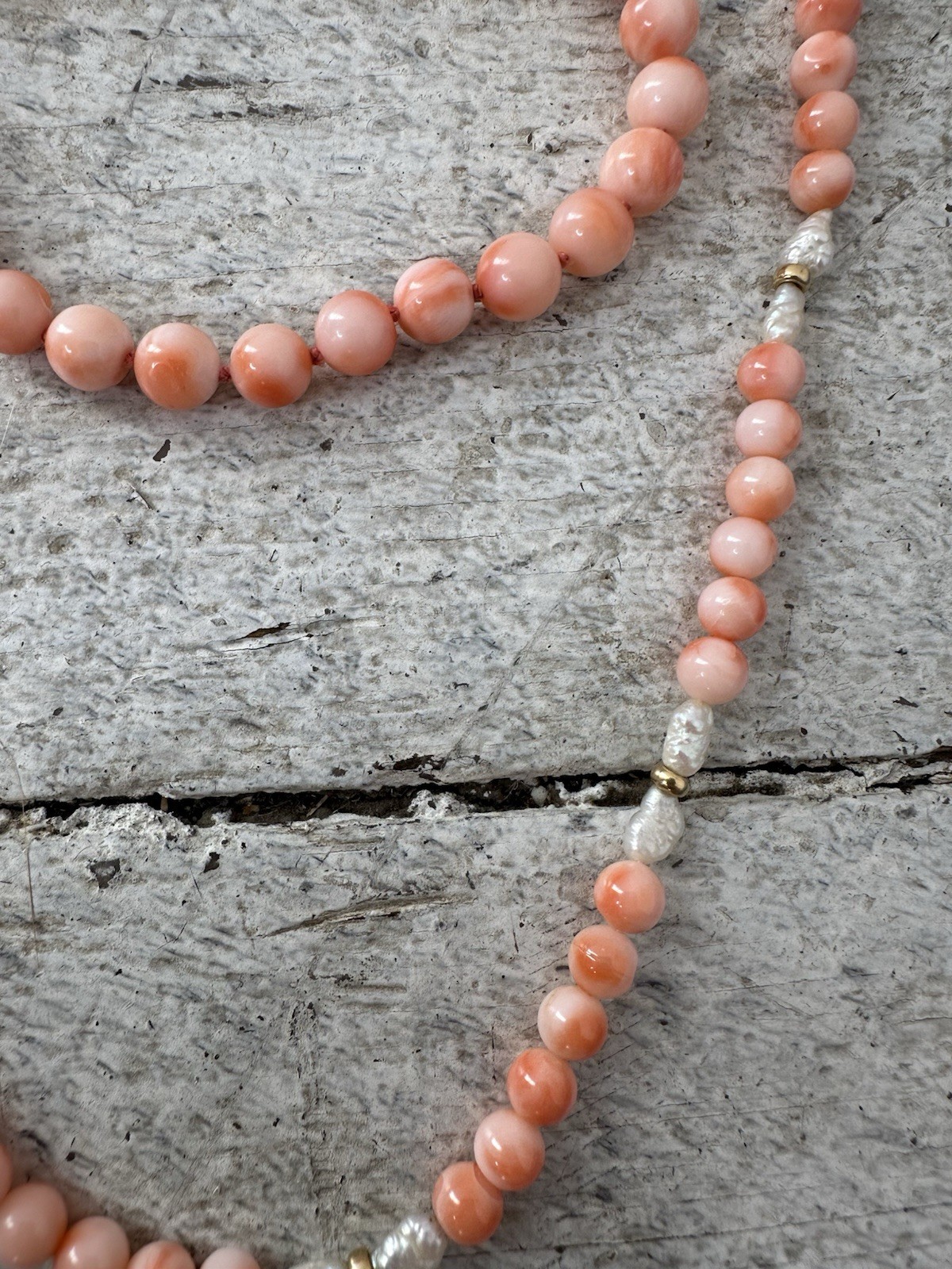 Vintage Genuine Angel Skin Coral Pearl And 14k Bead Necklace With Bracelet