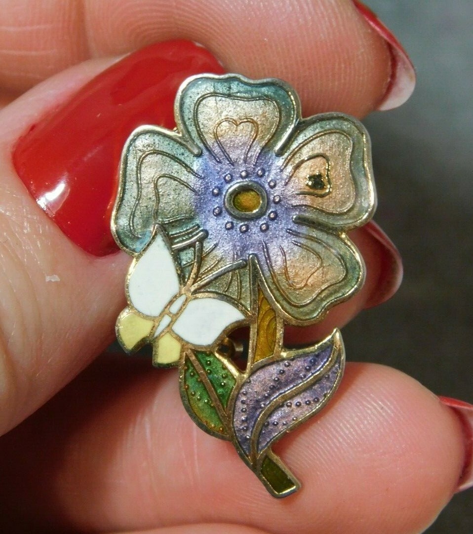 Vintage Purple Green White Daffodil Flower Butterfly Cloisonne Enamel Brooch