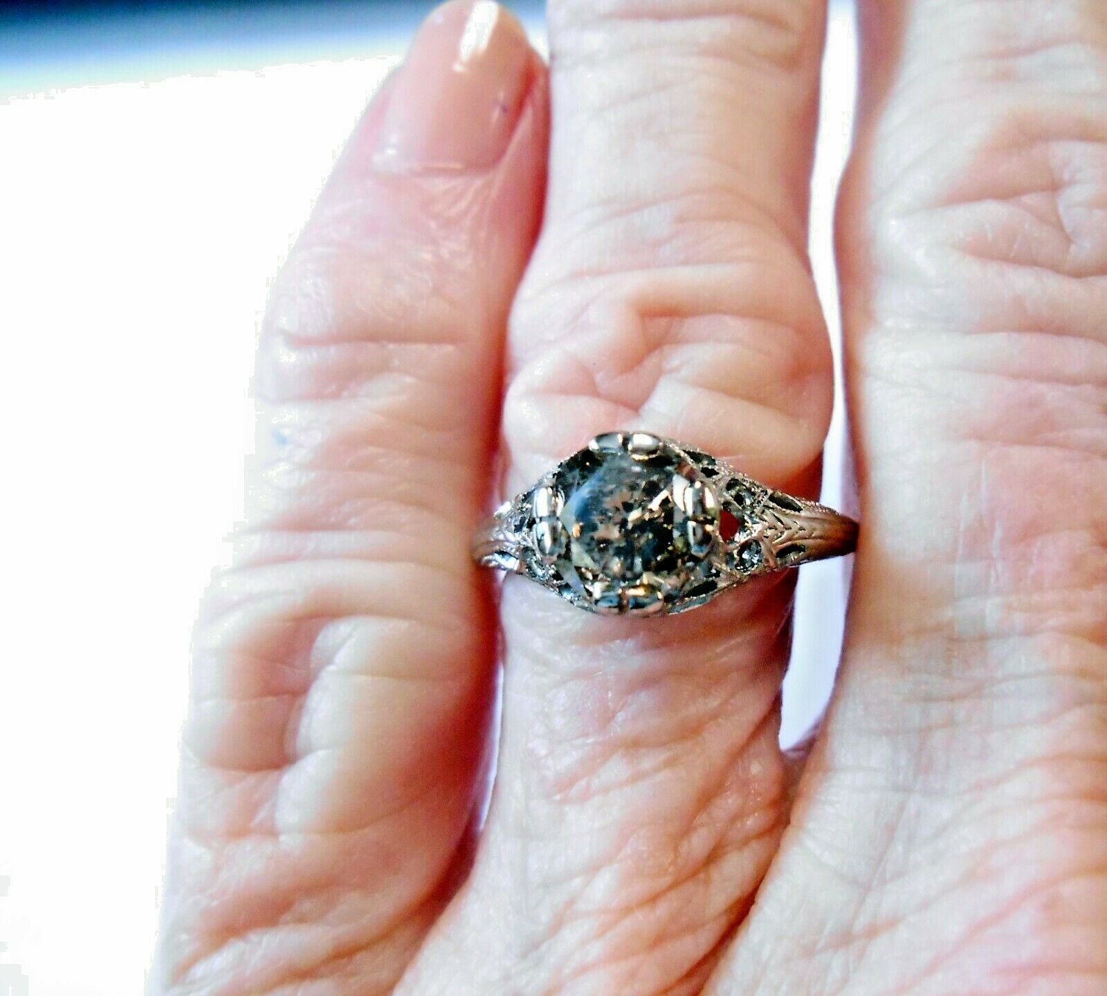 14K White Gold Filigree Ring 1.25Ct 7mm Round Champagne Diamond Solitaire