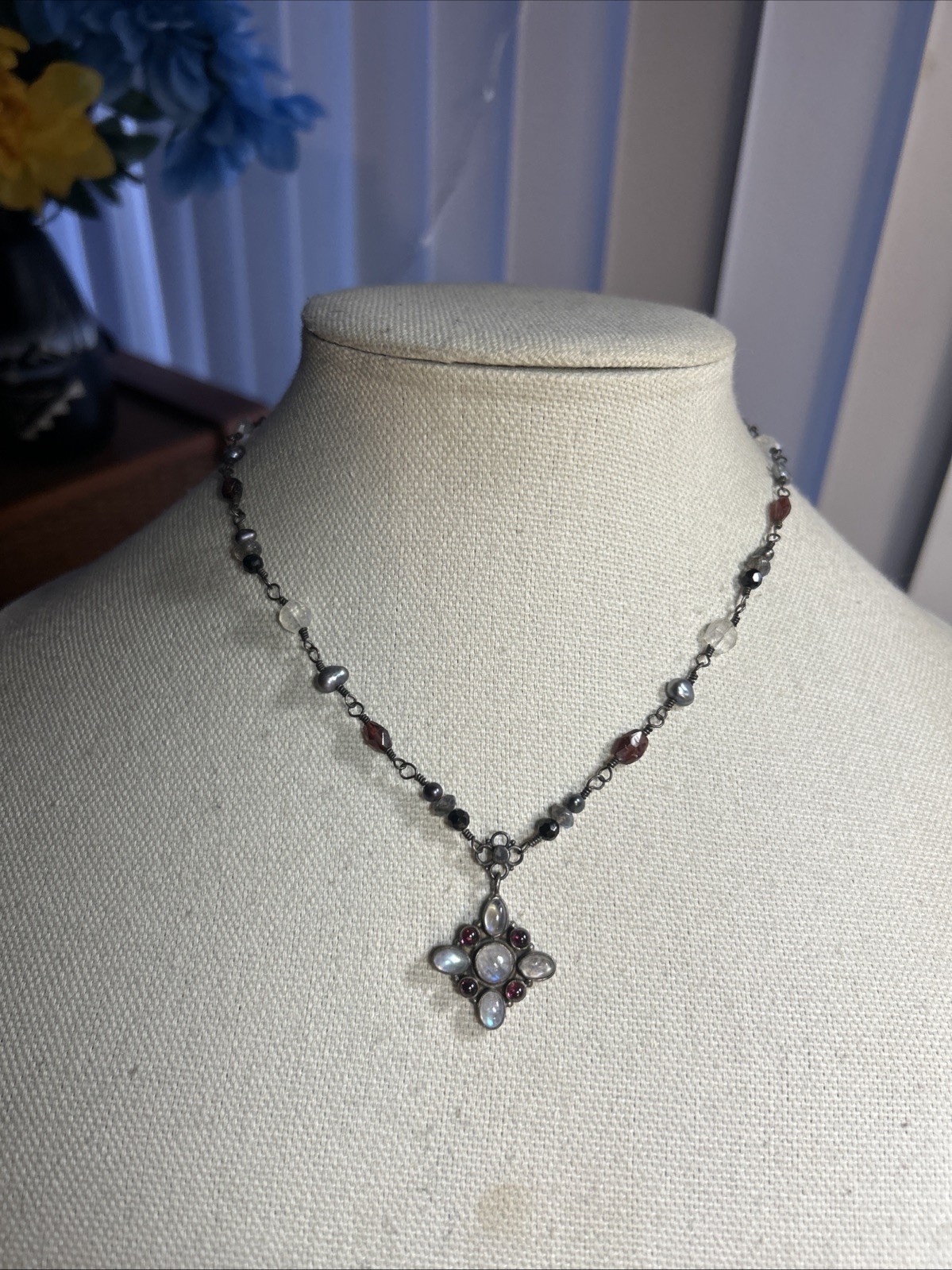 34. Vintage 925 Sterling Wire Wrapped Multi Gemstone Link Cross Necklace 16″