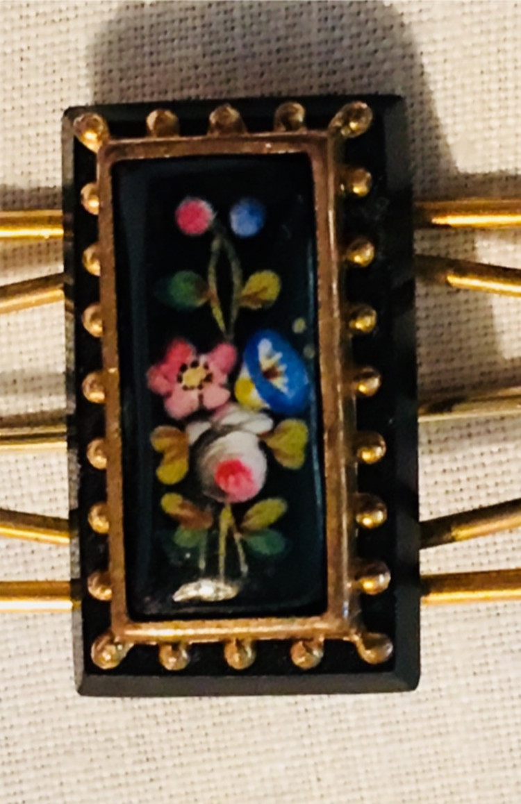 Victorian Hand Painted Onyx Rose Lily Gold Floral Large Brooch Pin