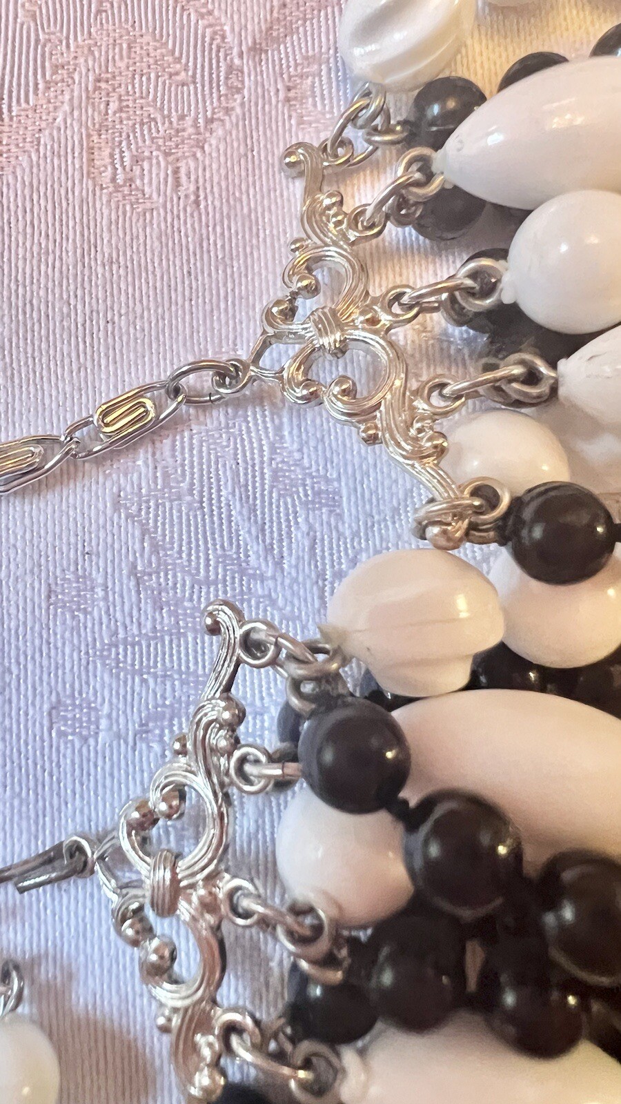 Vintage Black And White Multi Strand Necklace J Hook Closure Unique Scroll?Chain