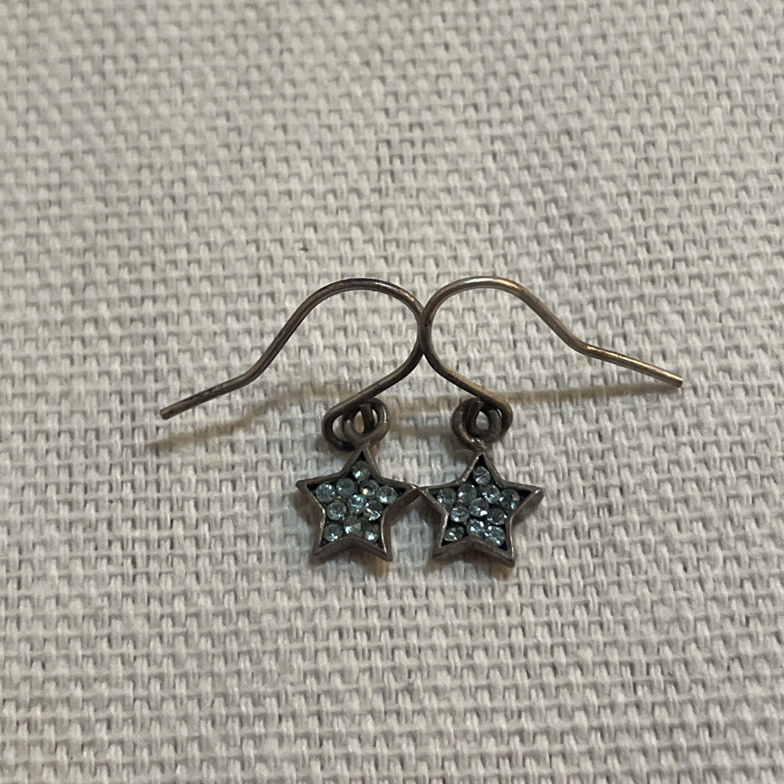 Vintage Sterling Silver Blue Crystal Pave Star Dangle Earrings Artisan Signed