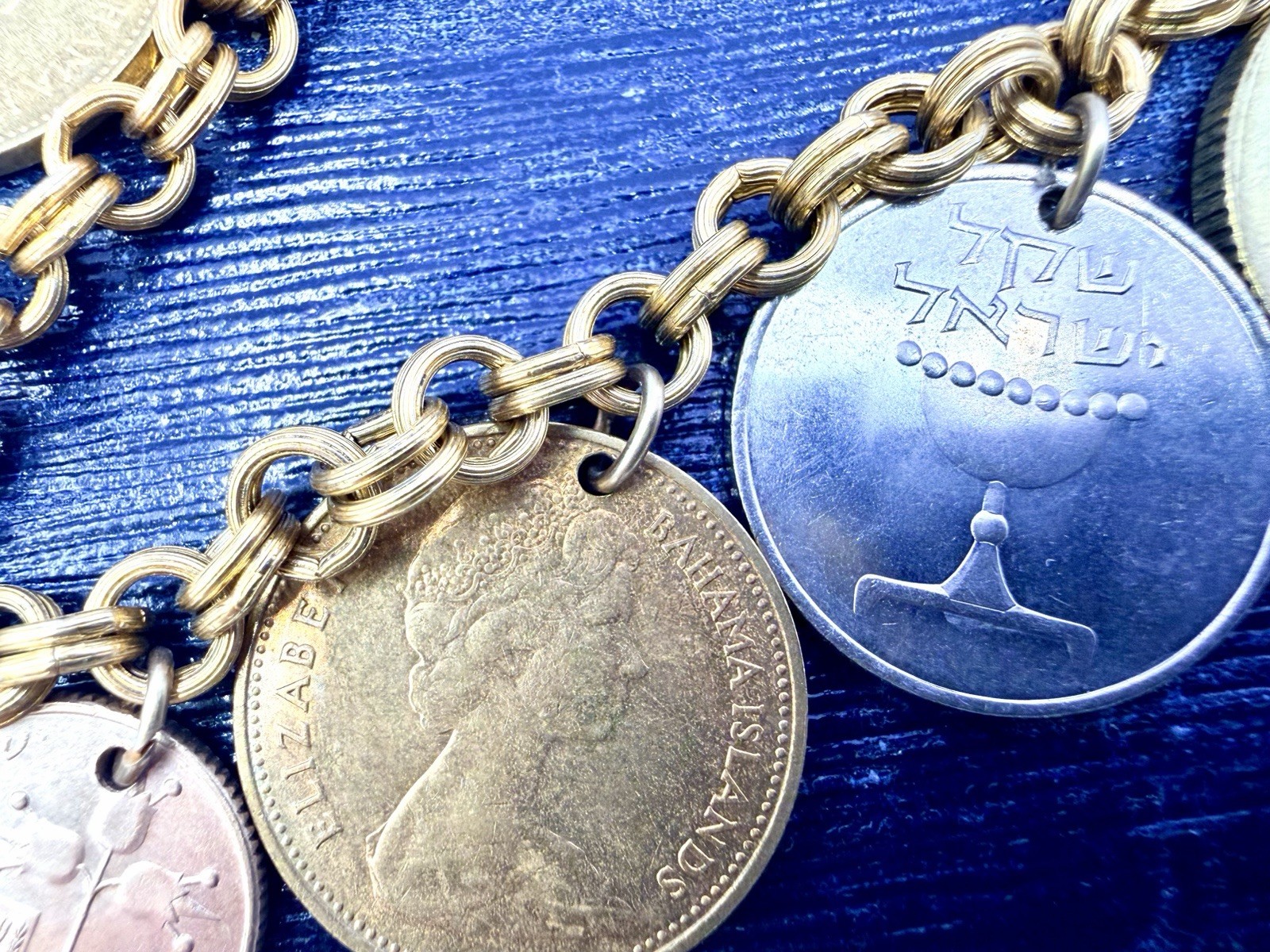 Vintage Coin Necklace Israel Bahamas Mixed Coins Charms 18” Gold Tone Chain HJ
