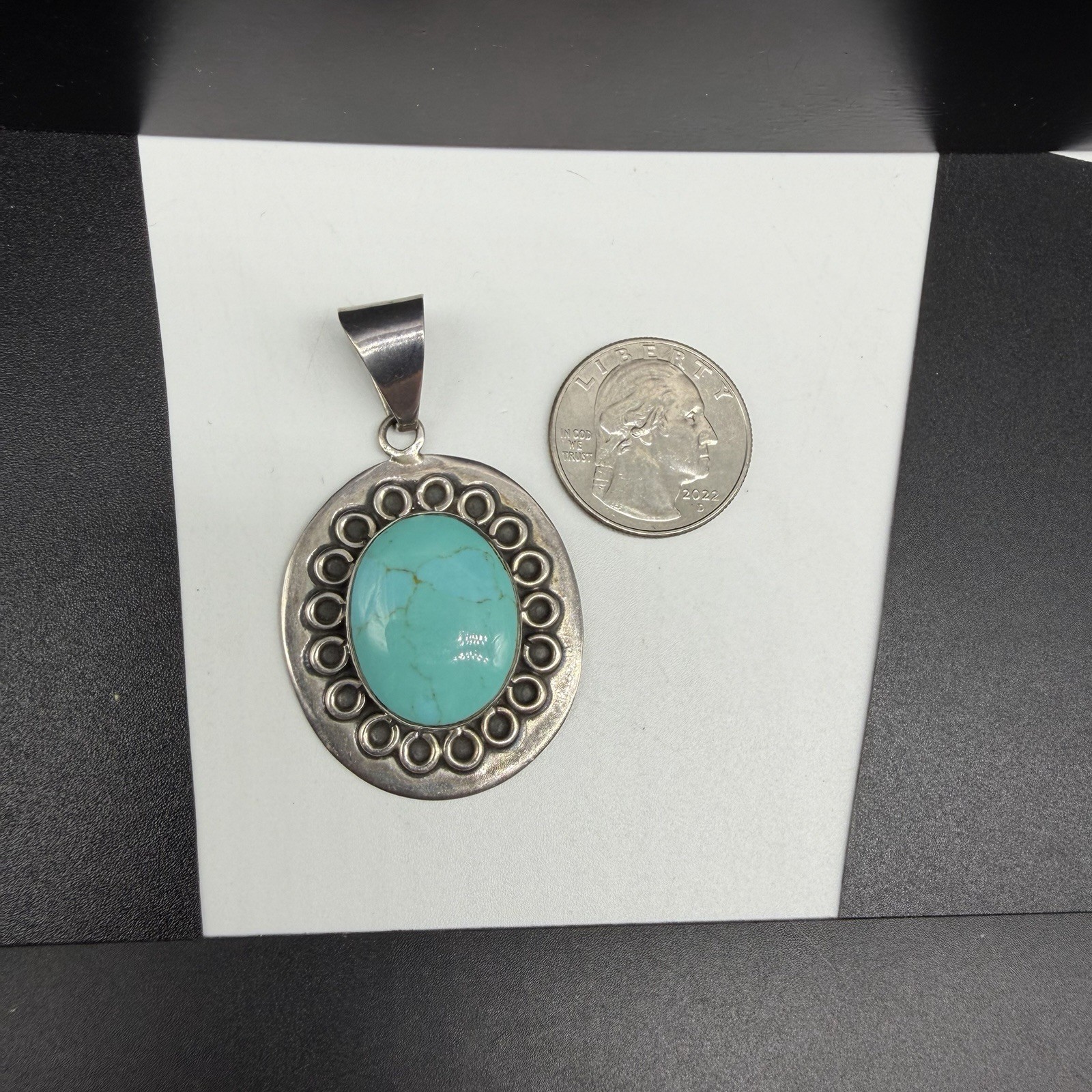 Vintage Taxco TL-83 Sterling Silver 2.25″ Drop Oval Turquoise Pendant Mex 17.2g
