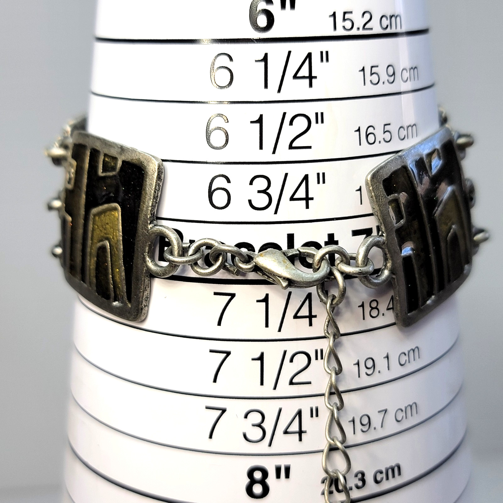 Vintage Modernist Silver Tone Link Y2K Bracelet Olivine Enamel Articulated Panel