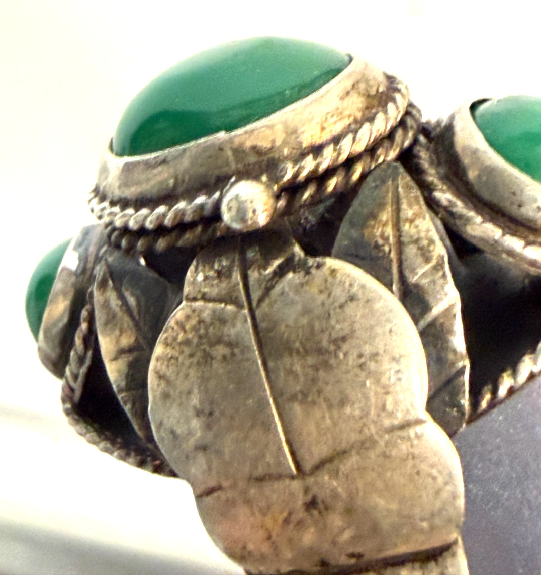 Vtg Taxco Mexico Sterling Green Onyx Chrysoprase Poison Ring Locket Box TA-24