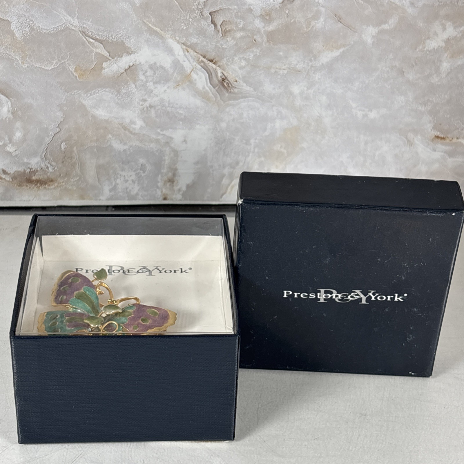 Enamel Mother BUTTERFLY w/ Baby Blue Green Violet Gold Tone Brooch Pin Metal