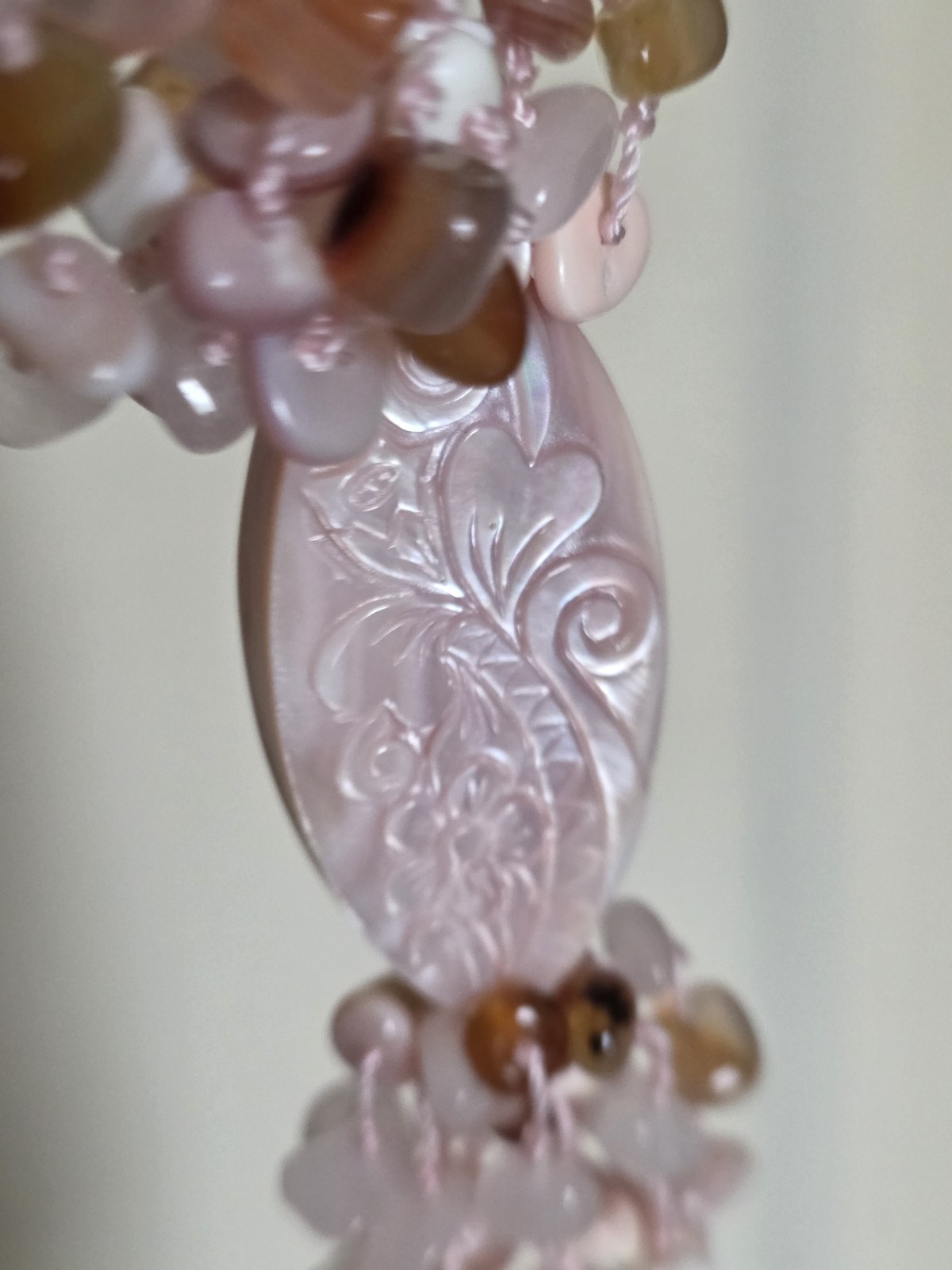 Sajen Multi Strand Gemstone Whimsical Statement Necklace Shell Rose Quartz