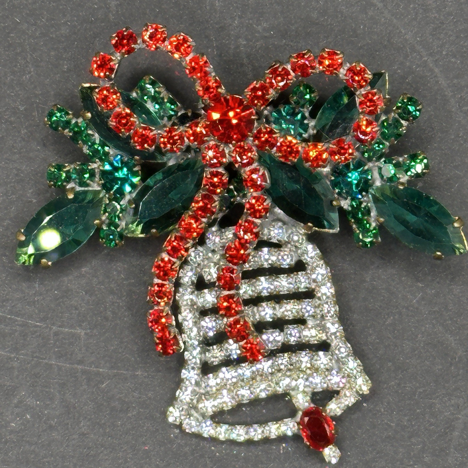 Vintage Czech Christmas Bell Brooch Art Deco 1925-1950s, Crystal & Glass OOAK