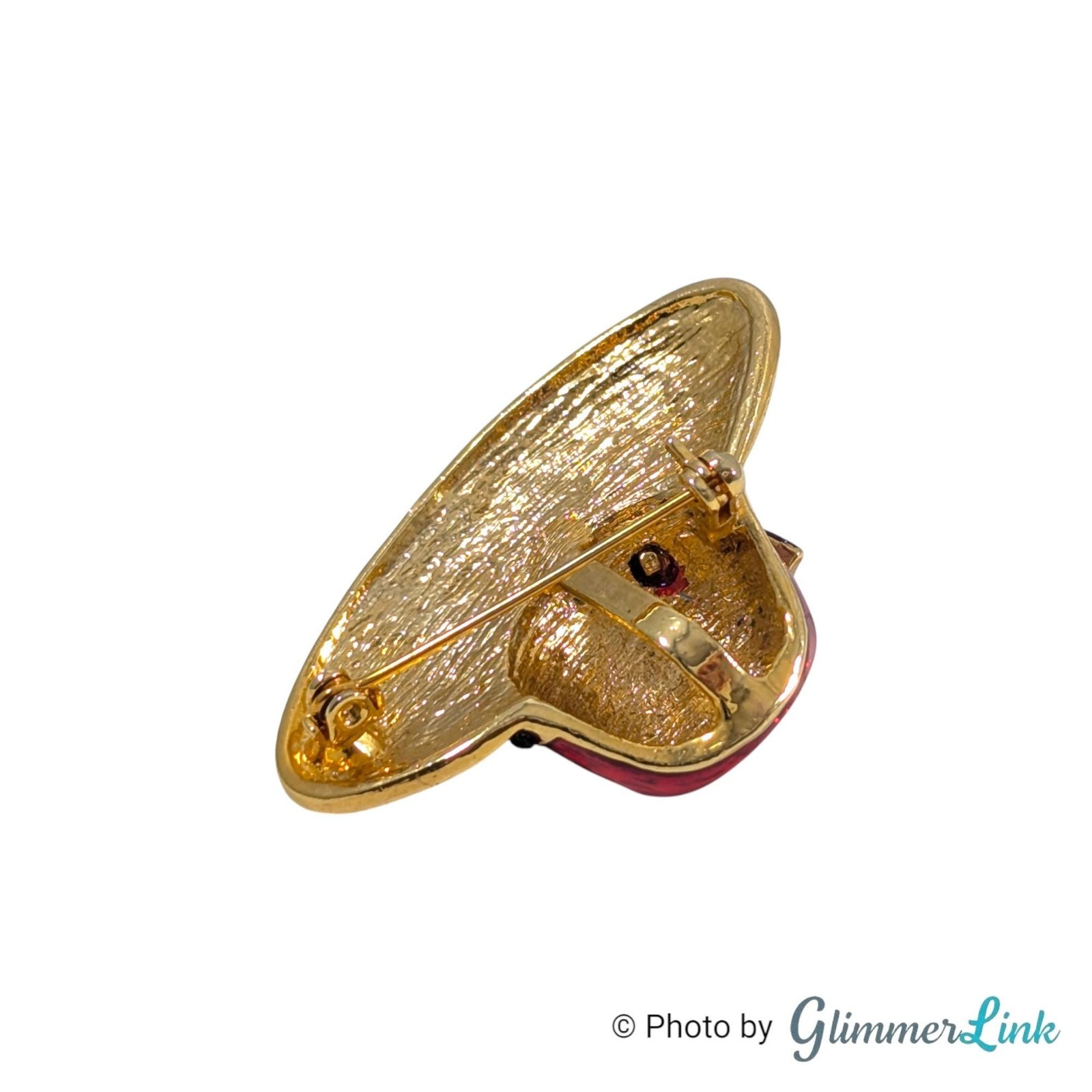 Vintage Red Enamel Hat Brooch Pendant Purple Bow Rhinestones Gold Tone