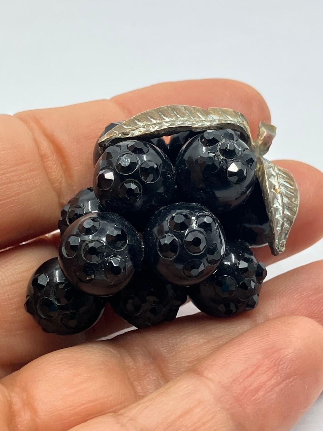 Vintage Forbidden Fruit Brooch Black Grape Cluster Lucite Rhinestones Pin