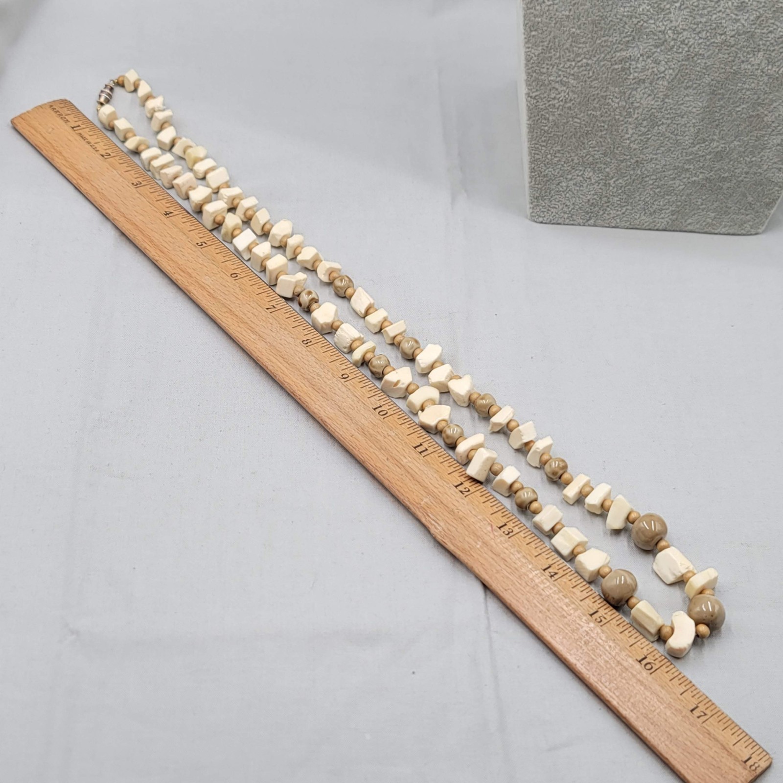 Vintage Bead Necklace Wood Ceramic Cow Bone Long 32″