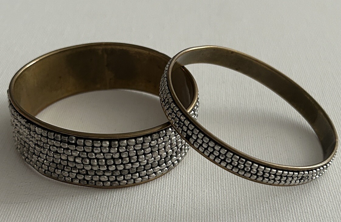 Vintage Silver Tone Metal Beaded Brass Bangle Set Of Two
