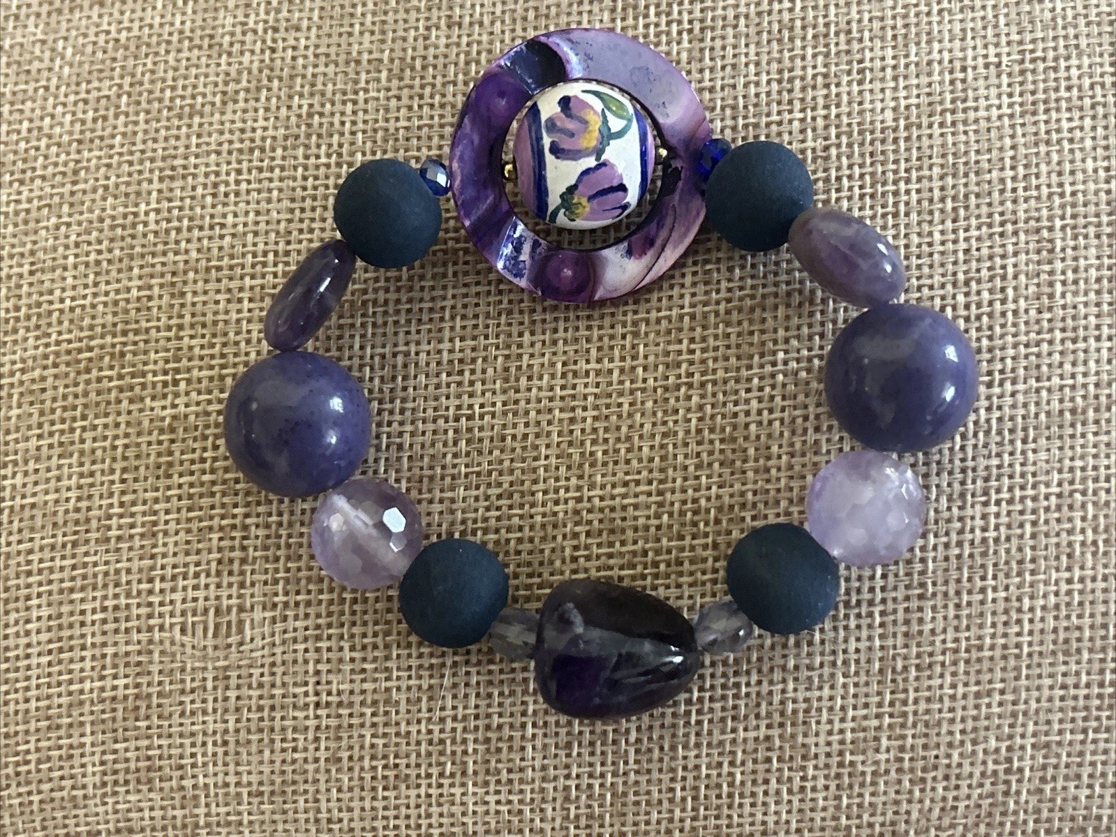 VTG Bead Bracelet Purple Matte w/ Abalone Ring Floating Floral Ball Hand Painted