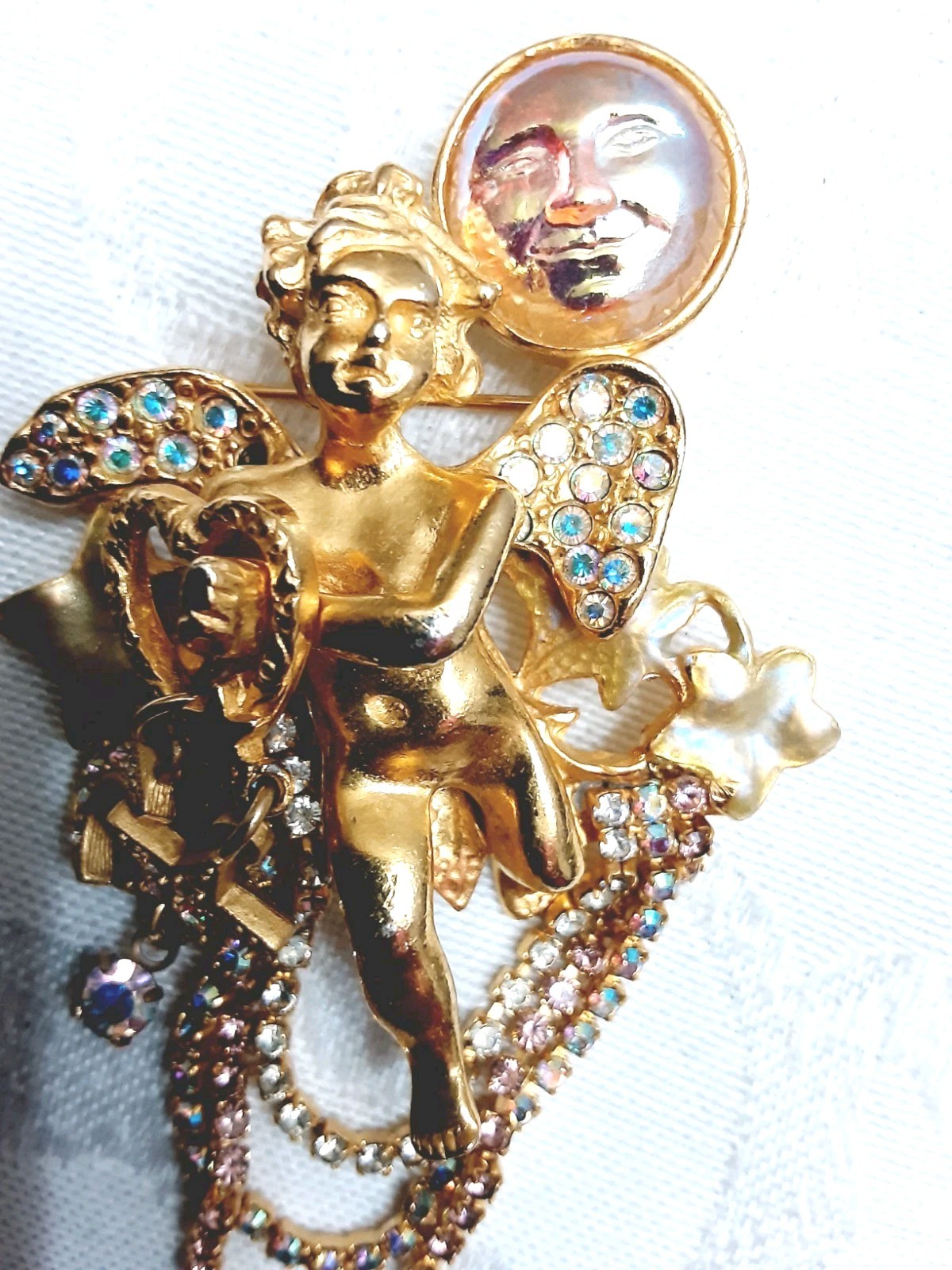 Kirks Folly Brooch Pin Seaview Angel Moon Cupid Cherub Rhinestones Gold Tone Vtg