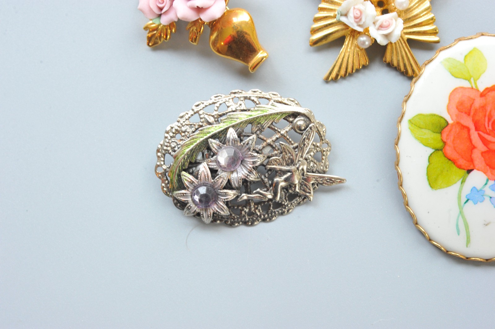 Vtg modern Brooch Lot cameo style flower gardening hat fairy 2 signed MA13