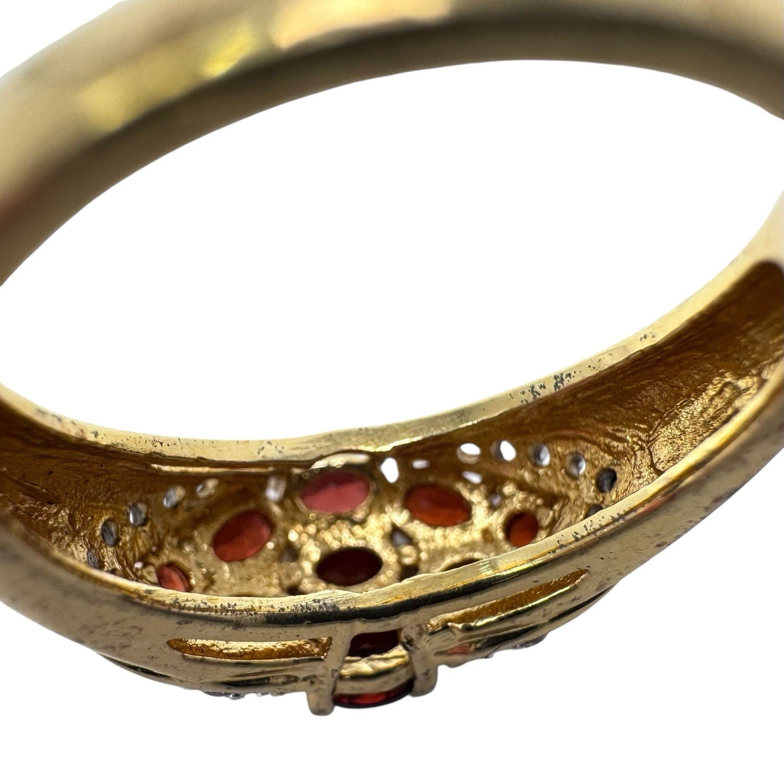 Vintage Gold Tone Red Garnet Cluster Ring Clear Rhinestone Accents 7.5