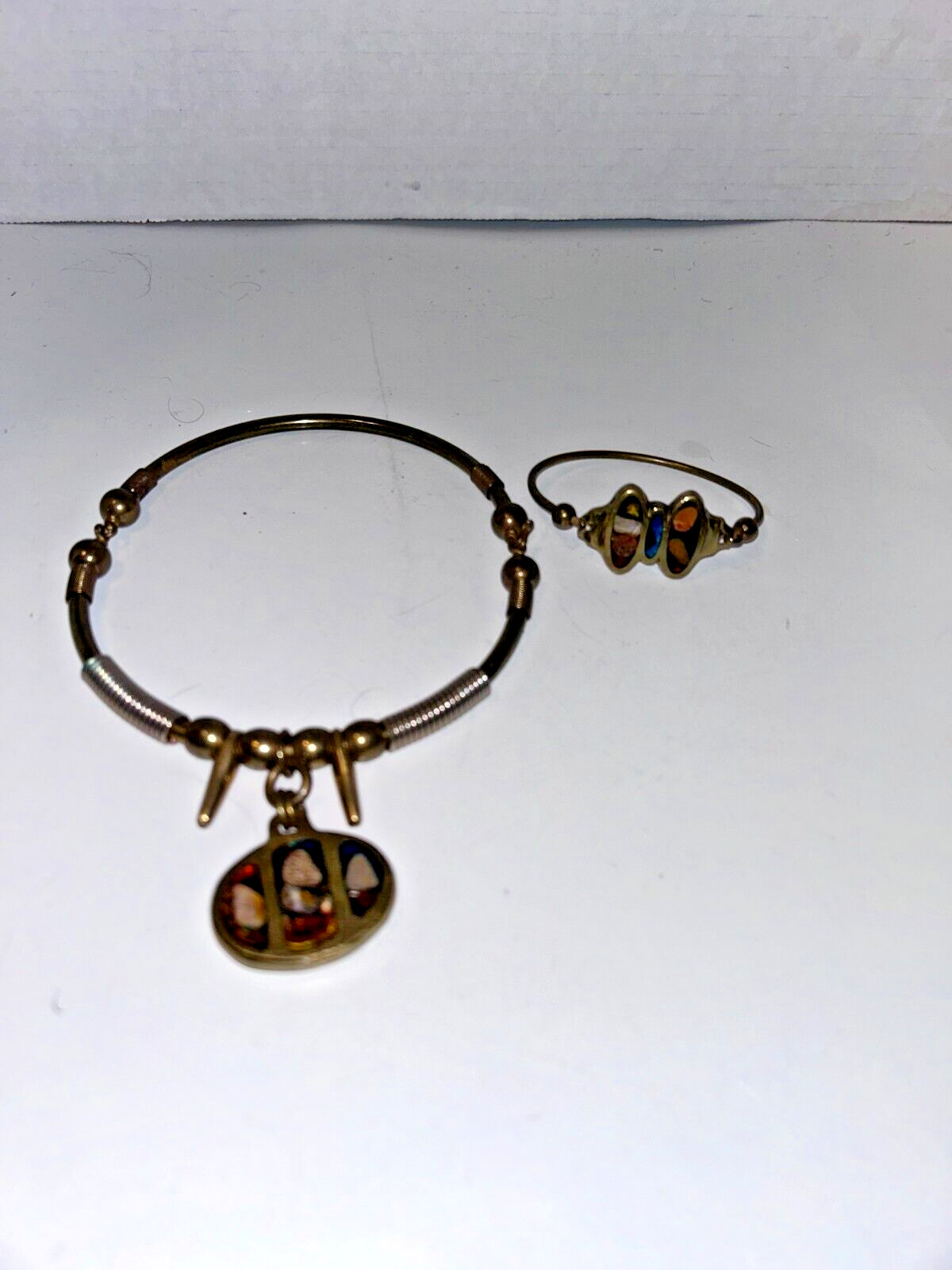 Vintage UNIQUE BRASS STONE INLAY ARTISAN NECKLACE CHOCKER & BRACELET HEAVY