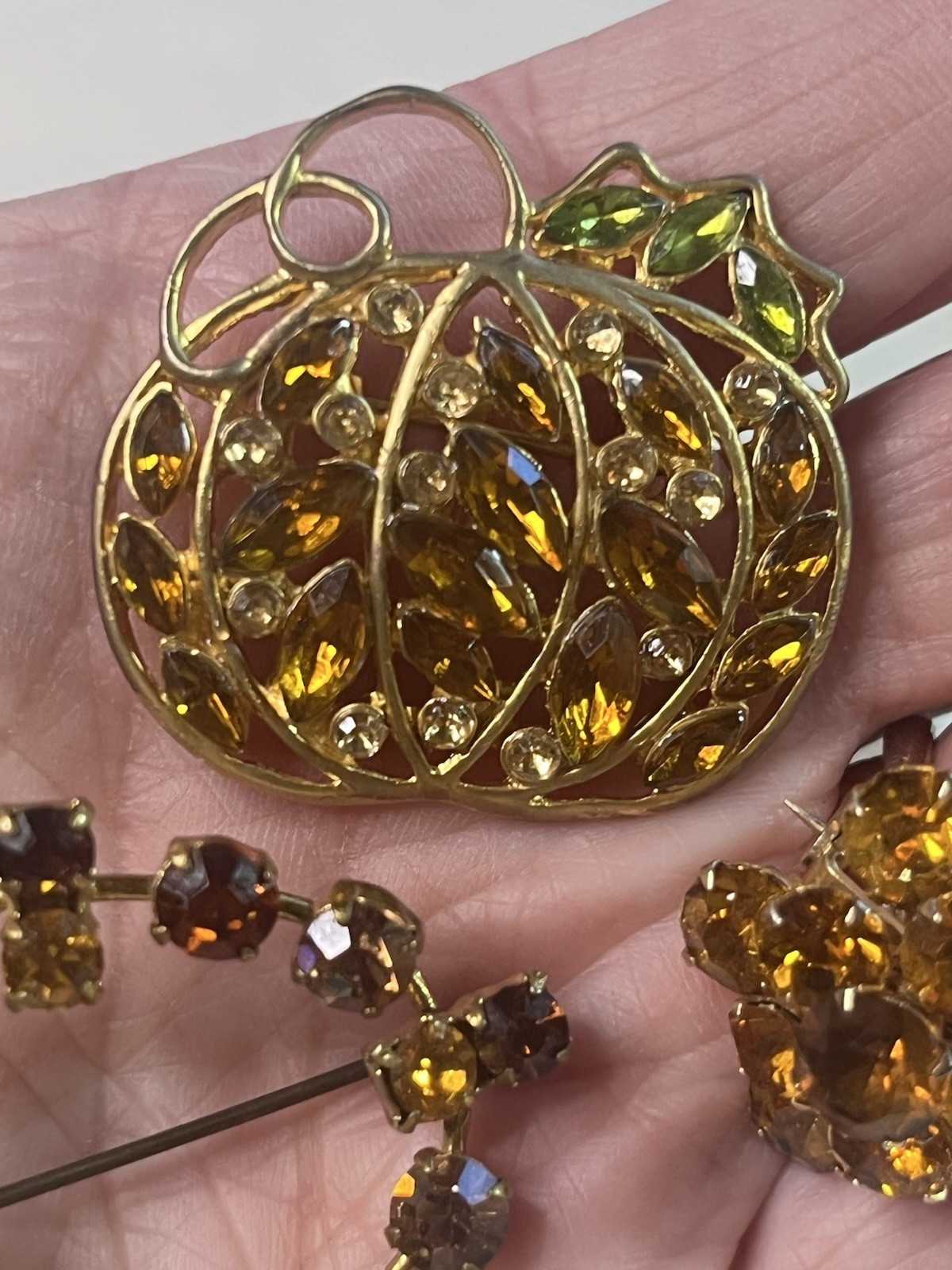 Brooch Pin Lot Rhinestones Amber Gold Brown Fall Colors Lot Of 3 Pumpkin Autumn