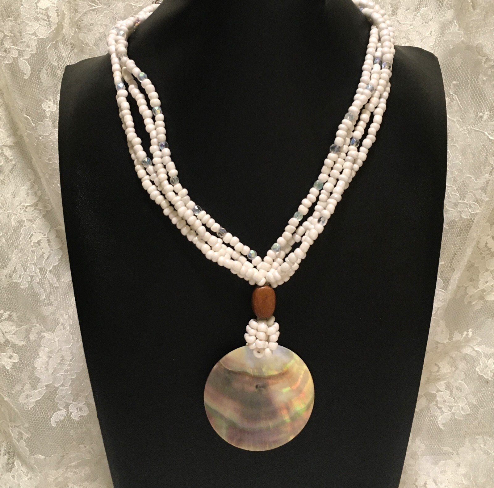 Vintage Avon Mother of Pearl Pendant Necklace White Beads Boho Beachy Statement