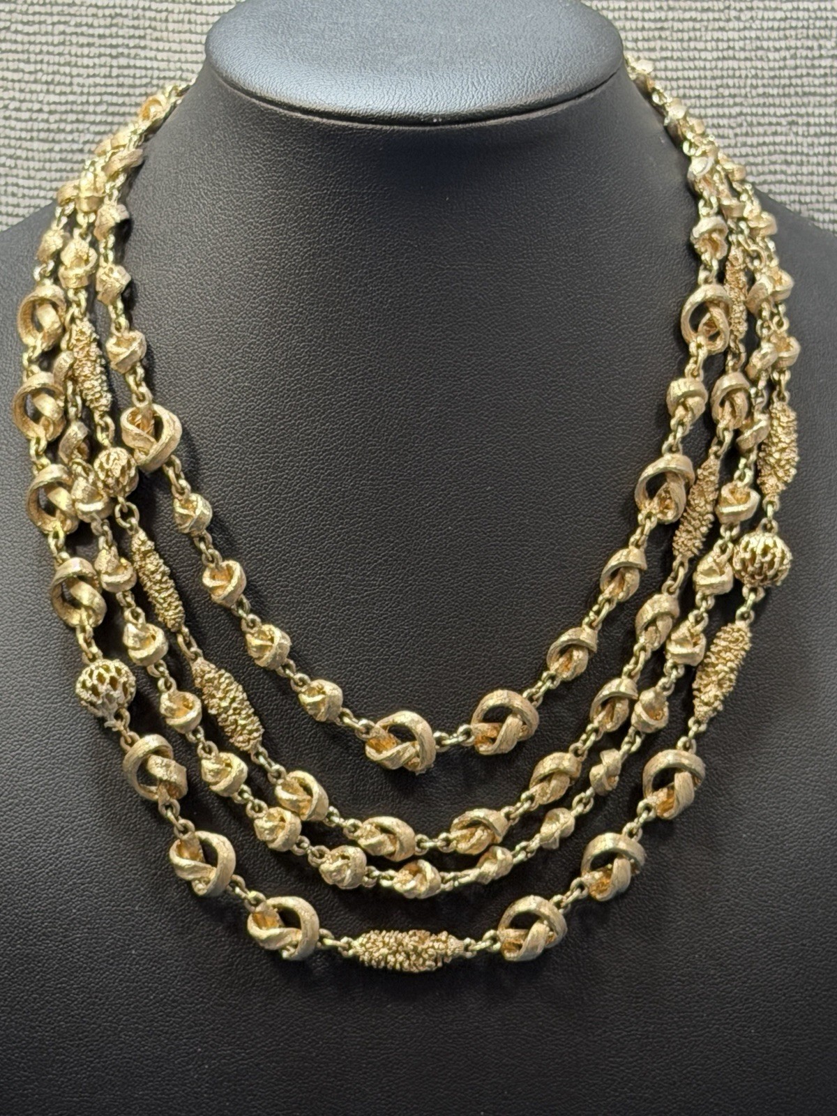 Vintage Knot Filigree Bead Necklace Multi Strand Beaded Gold Tone Acorn Hook