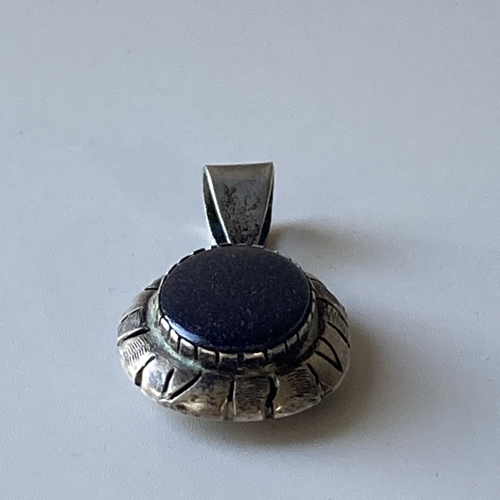 Vintage Sterling Silver 925 Blue Sunstone Pendant Mexico Made Chunky Modernist