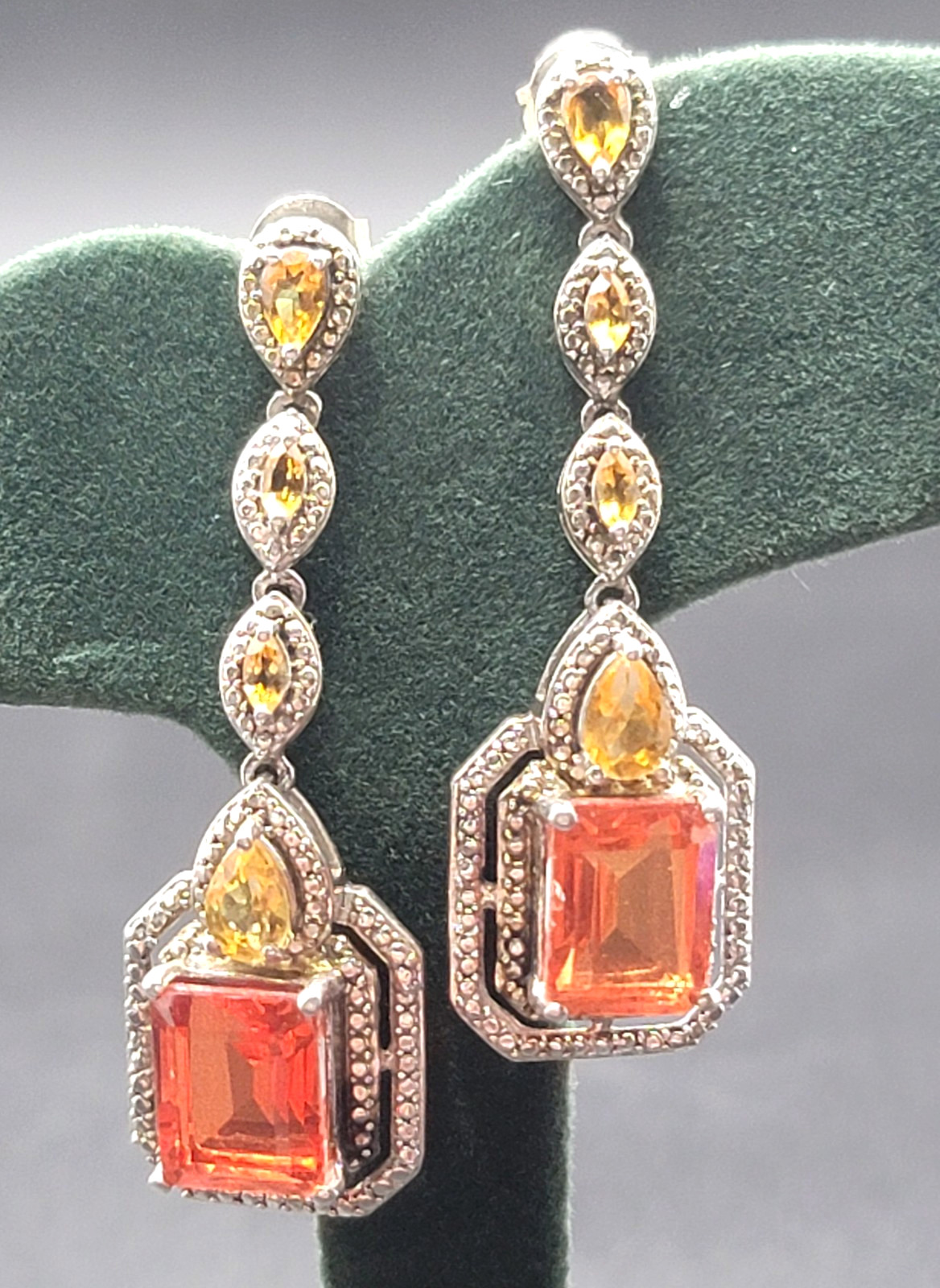 Vtg 925 STS Sterling Silver/Citrine Art Deco Pierced Post 2″Dangle Drop Earrings