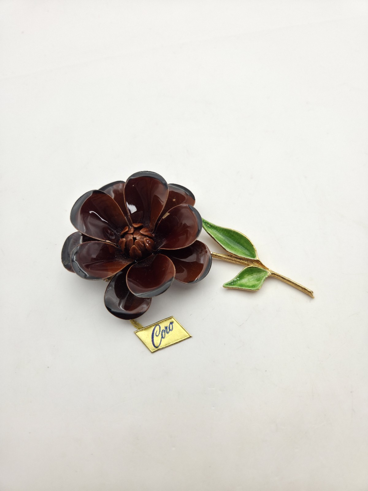 Coro Enamel Flower Brooch Brown Stem Mid Mod Pin 4″ 60s Style Floral Vintage