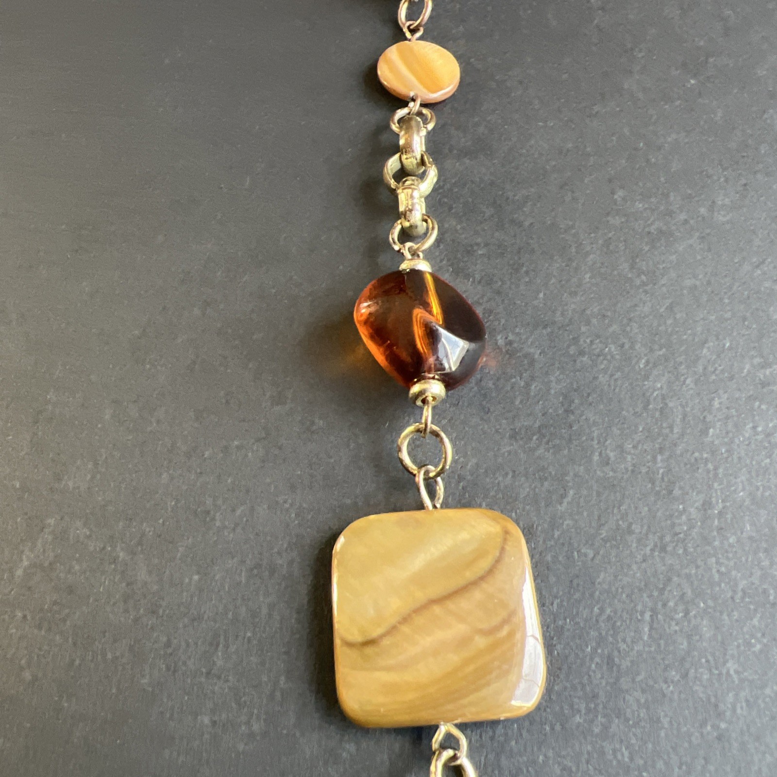 Vintage Turquoise Chip Inlay Beads Amber Mother of Pearl Abalone Bronze Necklace