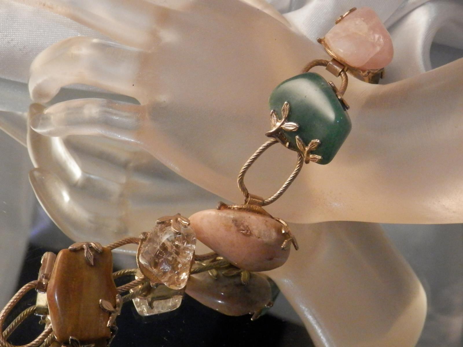 WOW Chunky Vintage 50’s Gorgeous Jade Pink Quartz Jasper Tiger Eye Bracelet 10N4