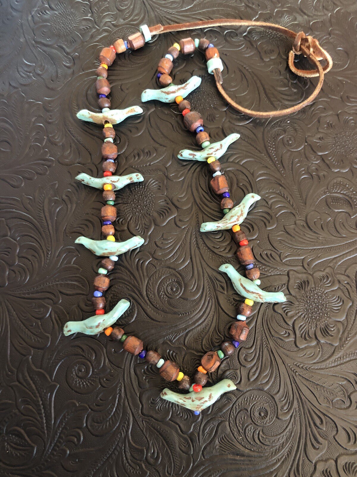 Vintage 1960s Blue Bird Fetish Necklace, Leather Wood Plastic Route 66 Souvenir