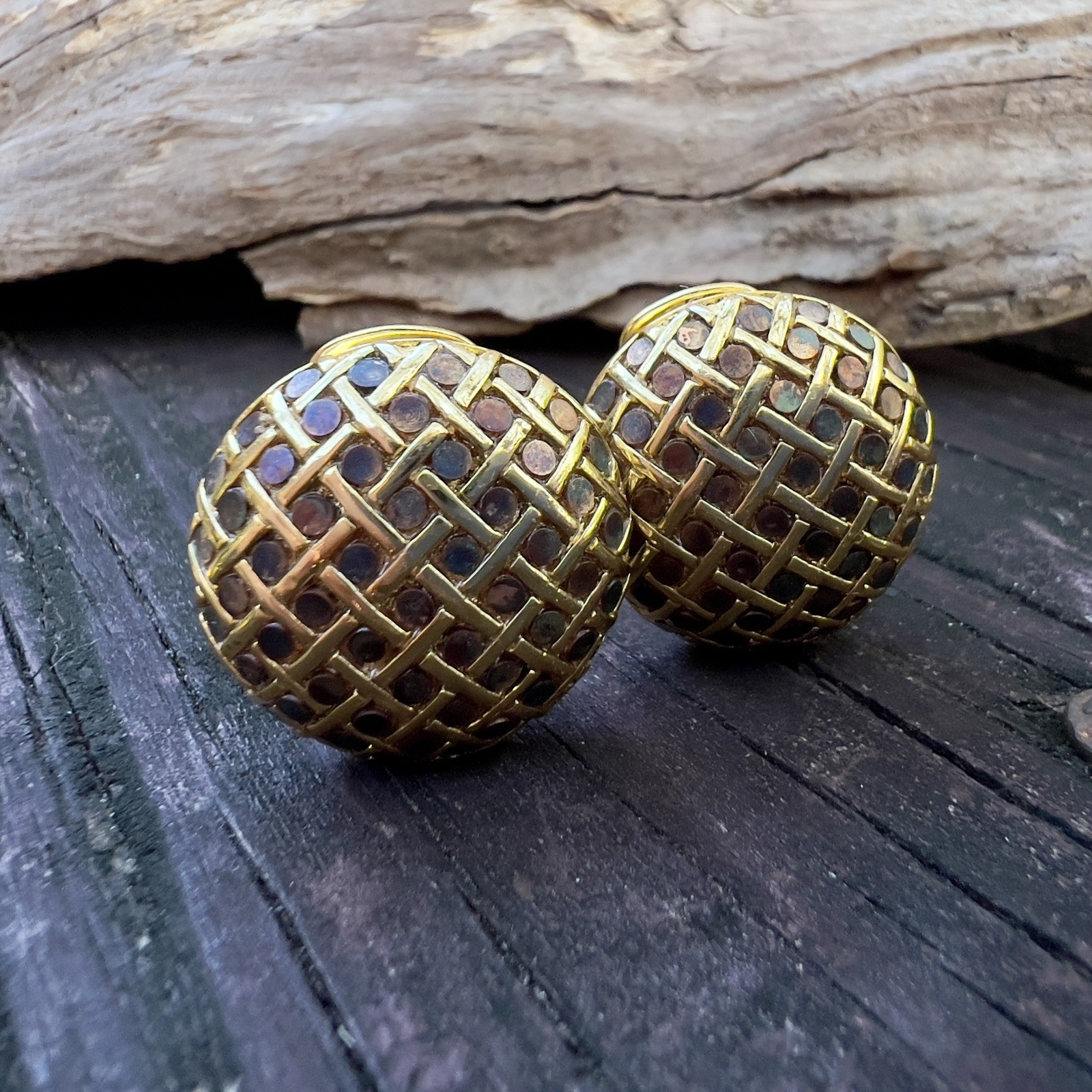 Vintage Orena Paris Woven Iridescent Gold Tone Button Clip Earrings Signed