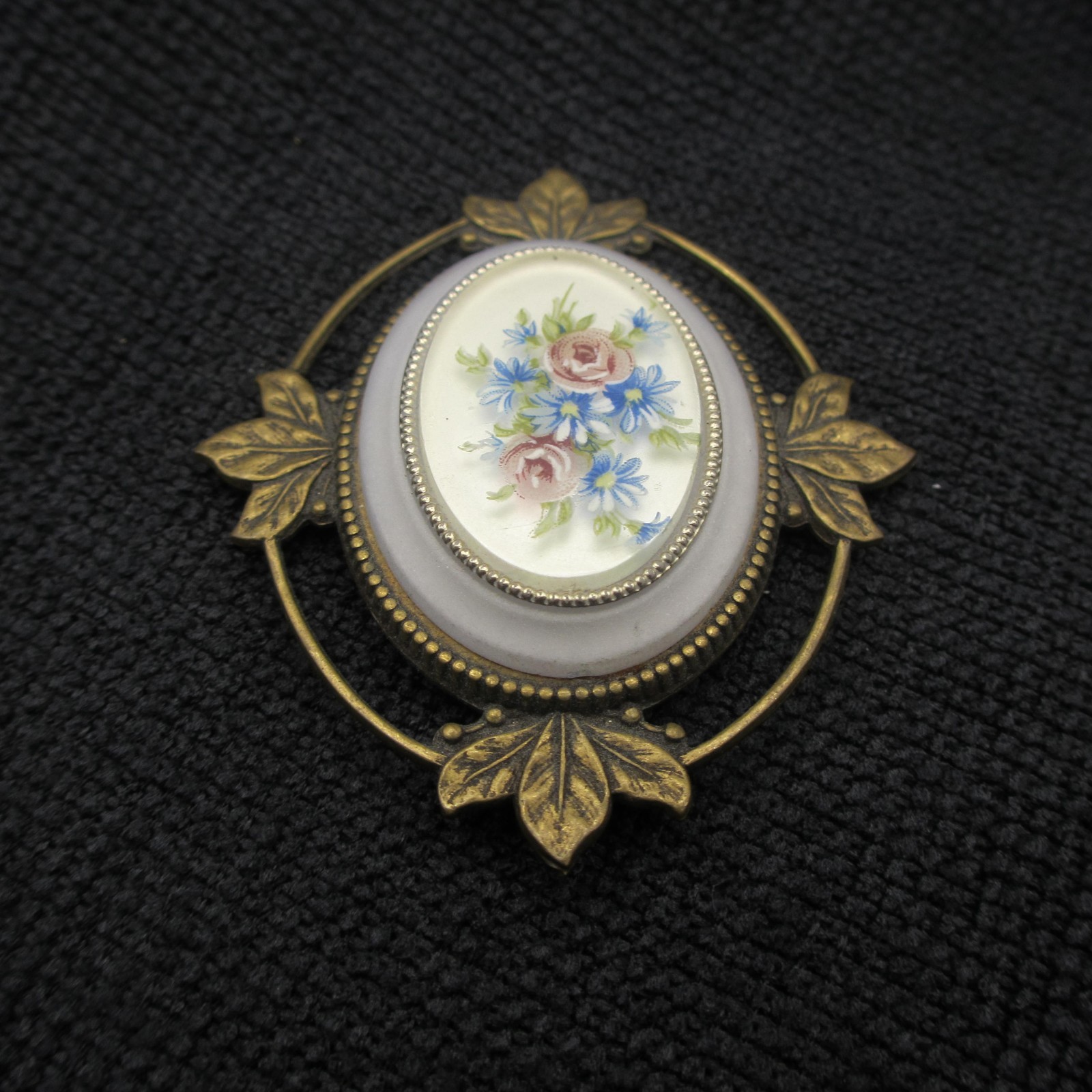 Vintage Victorian Revival Brooch Floral Bouquet Pastel Leaf Frame Gold Tone