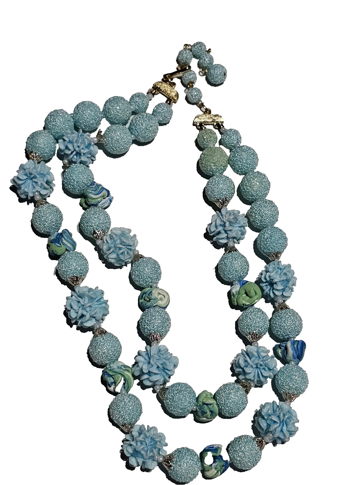 DOUBLE SRAND JAPAN BLUE GREEN SUGAR TEXTURE FLOWER BEAD NECKLACE / CLIP EARRINGS